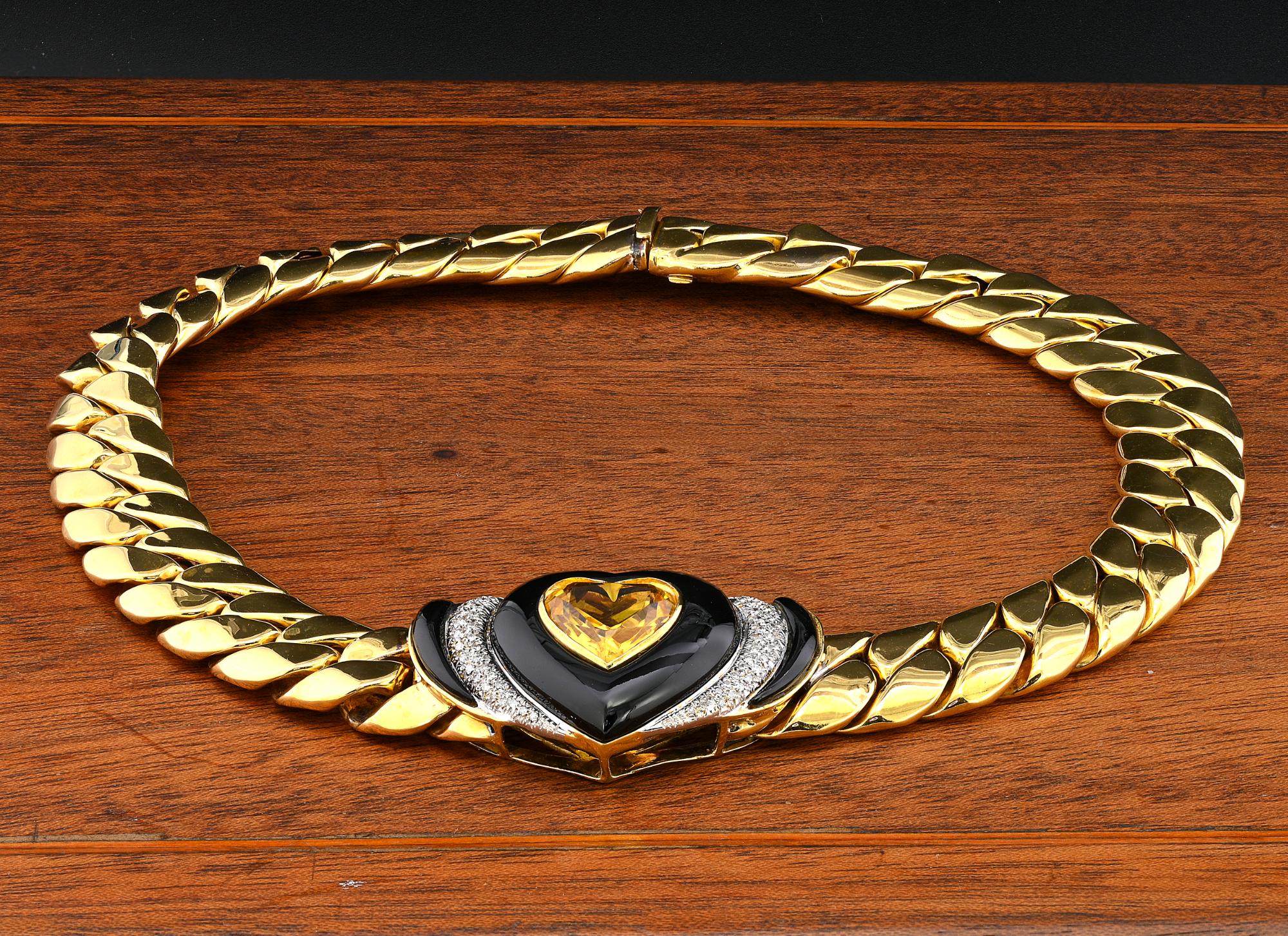 Heart Cut Italian Heart Citrine Black Onyx Diamond 18 KT Cuban Link Necklace For Sale