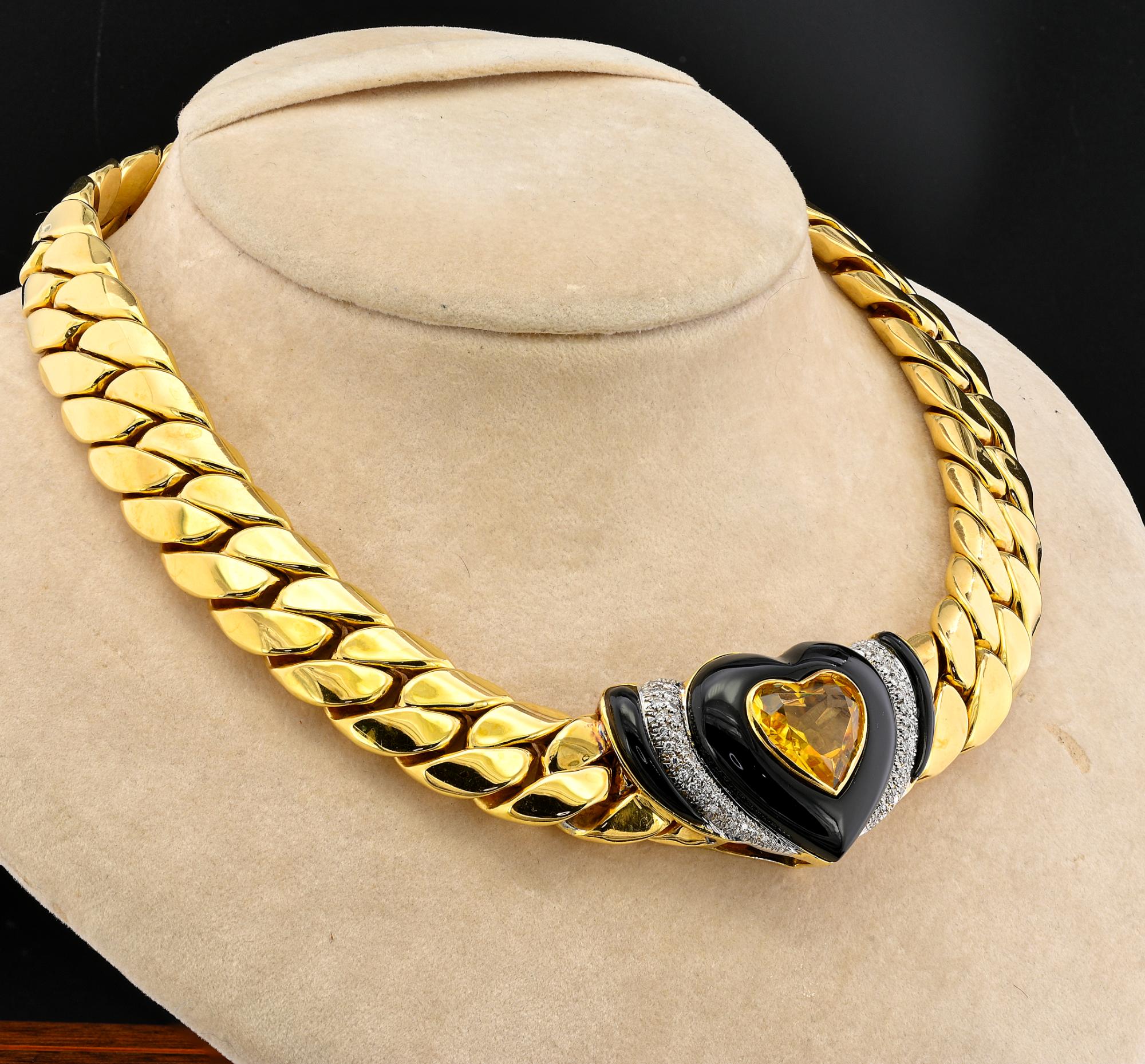 Italian Heart Citrine Black Onyx Diamond 18 KT Cuban Link Necklace In Good Condition For Sale In Napoli, IT
