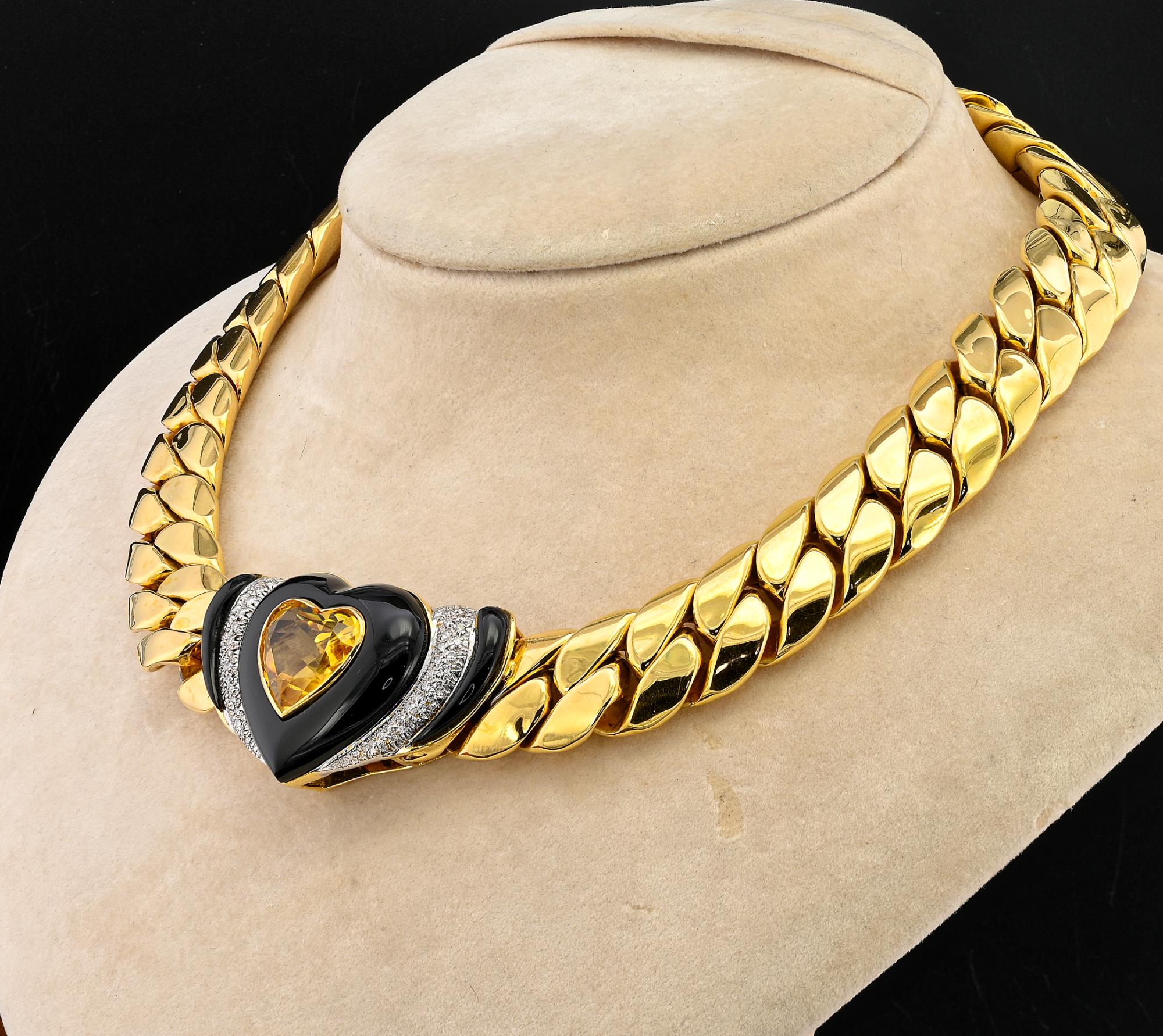 Women's Italian Heart Citrine Black Onyx Diamond 18 KT Cuban Link Necklace For Sale