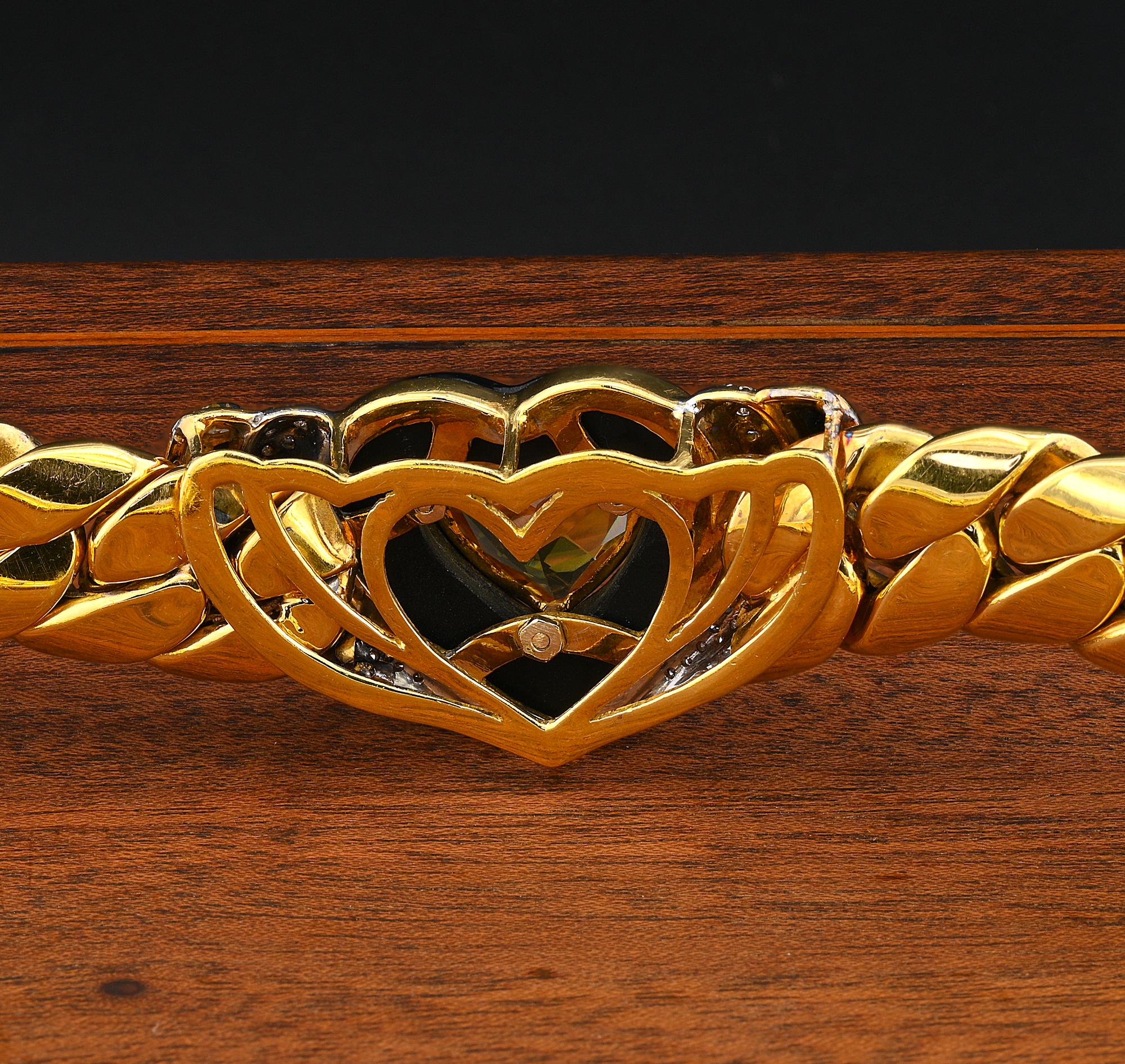 Italian Heart Citrine Black Onyx Diamond 18 KT Cuban Link Necklace For Sale 1