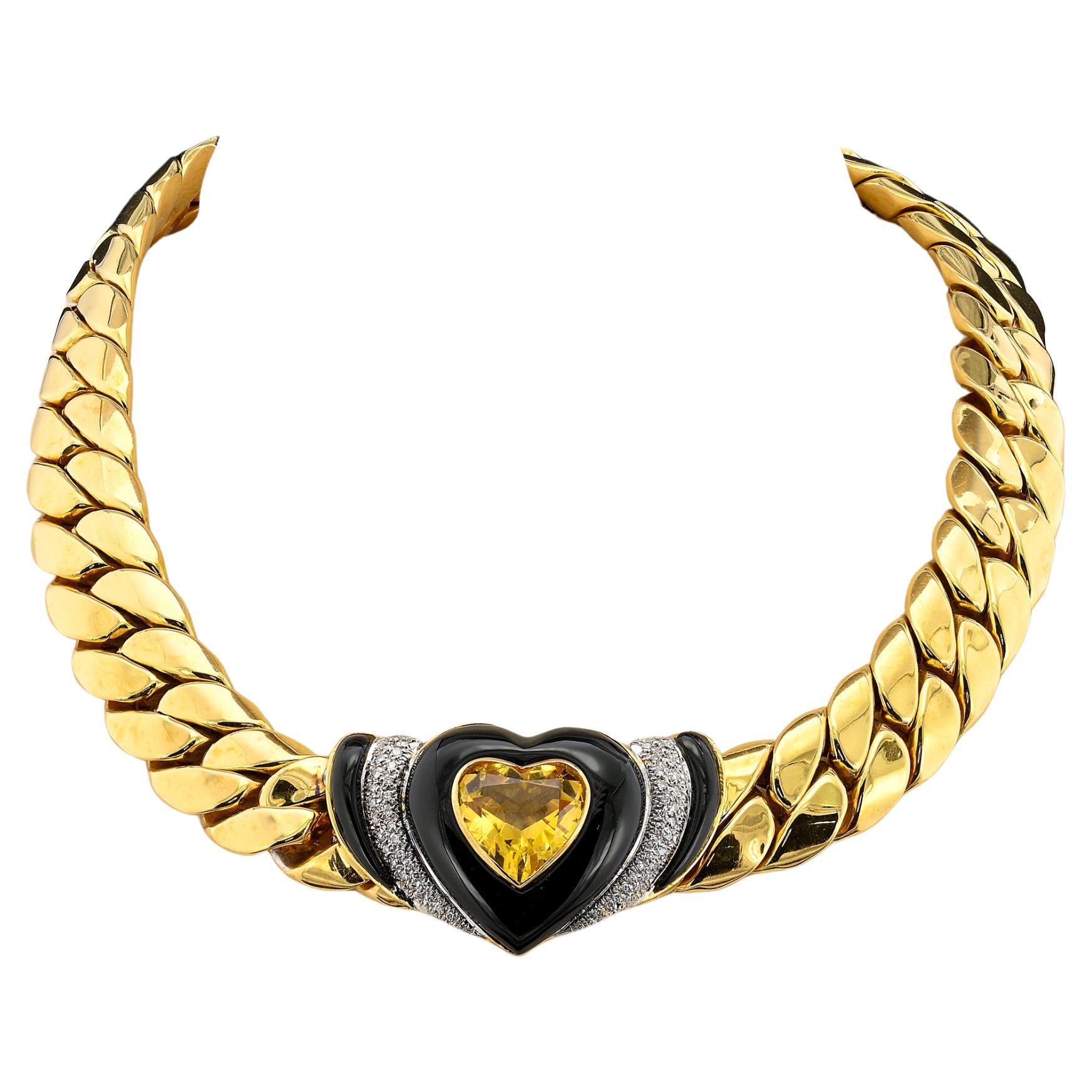Italian Heart Citrine Black Onyx Diamond 18 KT Cuban Link Necklace For Sale