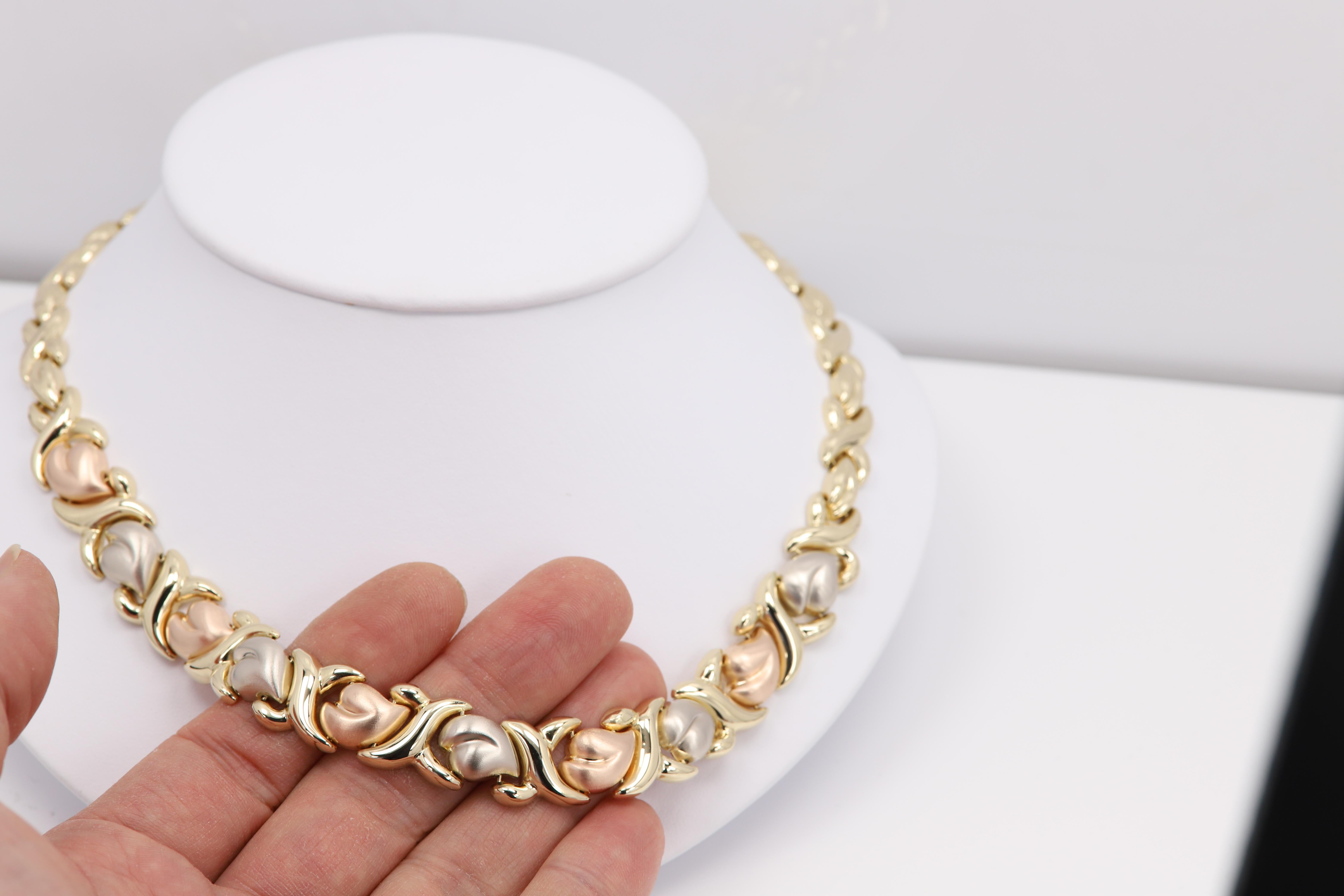 Women's Italian Heart Necklace and Bracelet 14 Karat Multi Gold color Fancy Heart Set For Sale
