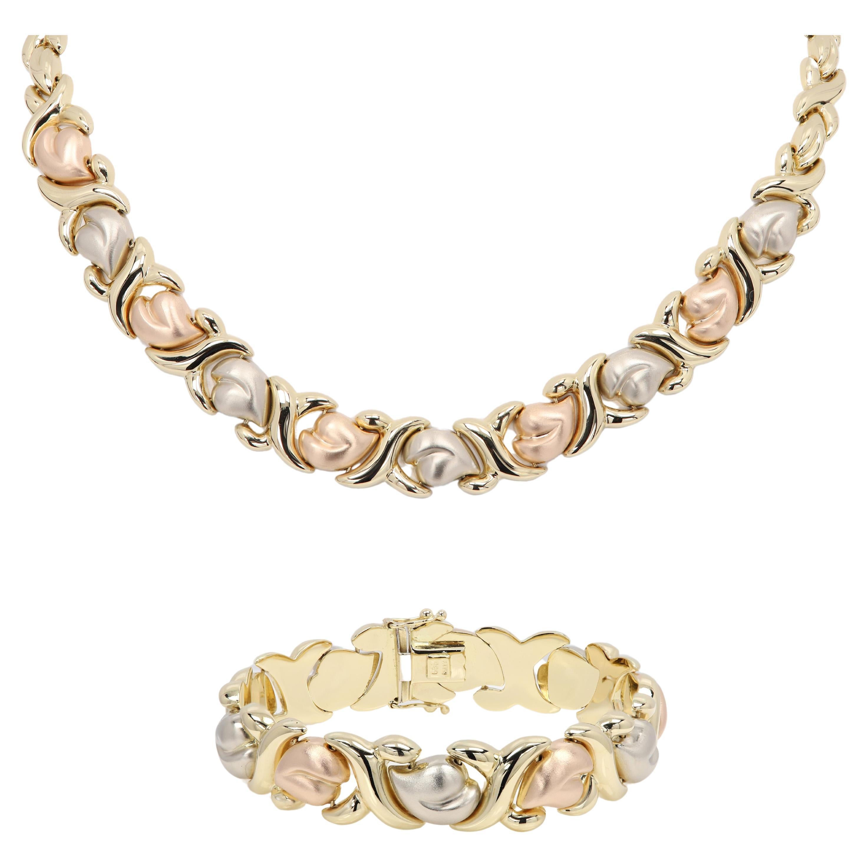 Italian Heart Necklace and Bracelet 14 Karat Multi Gold color Fancy Heart Set For Sale