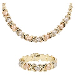 Ensemble collier et bracelet italien en forme de cœur fantaisie en or 14 carats multicolore