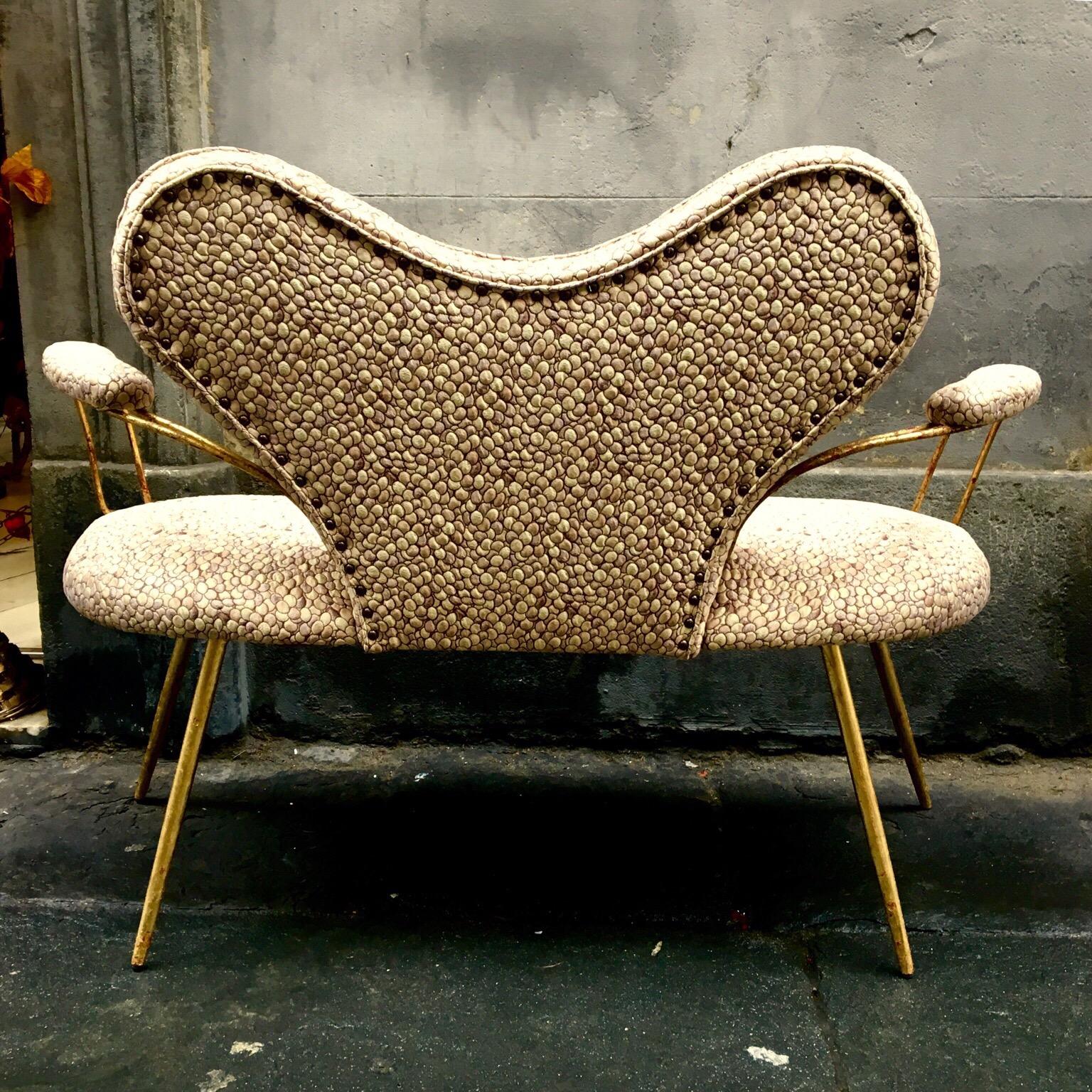 Italian Heart Shaped Small Padded Sofa Metal Golden Leaf, 1950s In Good Condition In Florence, IT