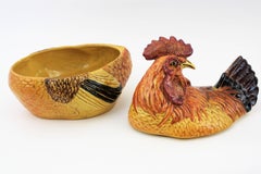 1950s Majolica Glazed Ceramic Rooster Tureen Centerpiece, Italy