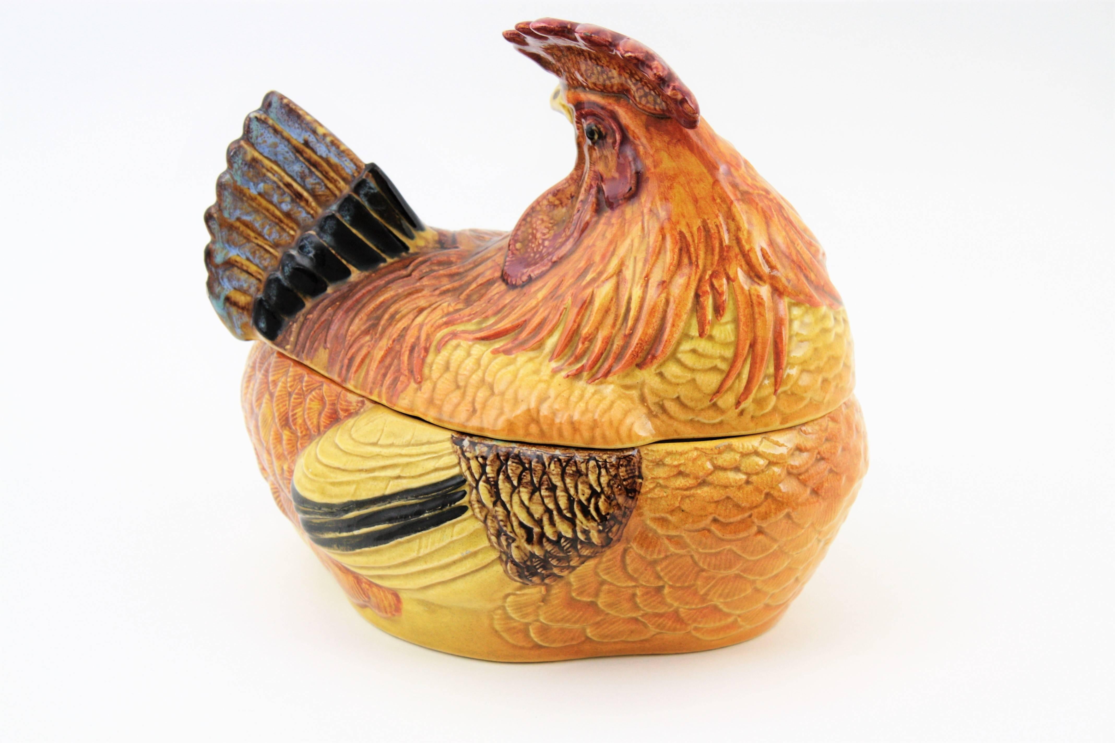 Mid-Century Modern Italian Rooster Glazed Ceramic Large Tureen Centerpiece, 1950s For Sale