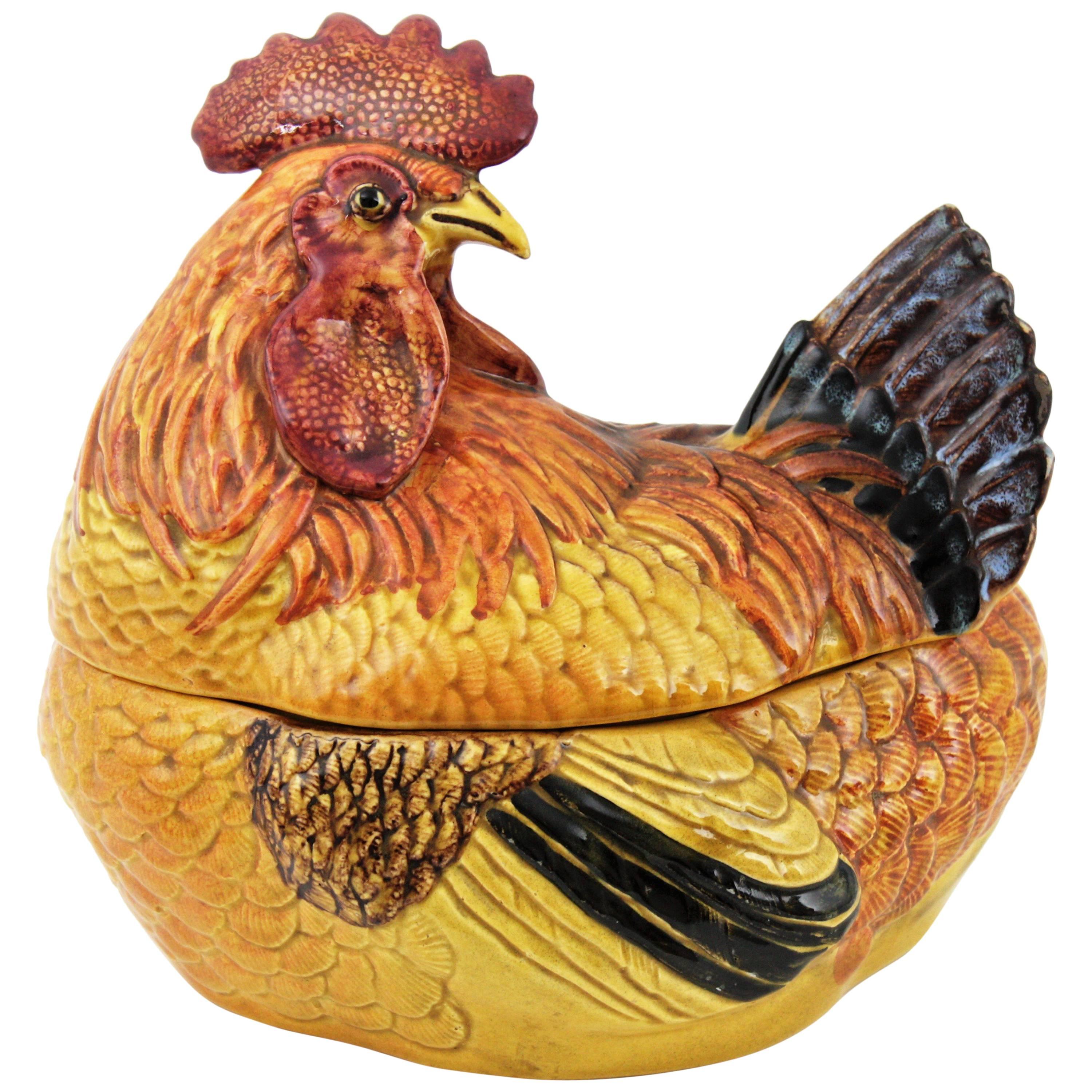 Italian Rooster Glazed Ceramic Large Tureen Centerpiece, 1950s In Excellent Condition For Sale In Barcelona, ES