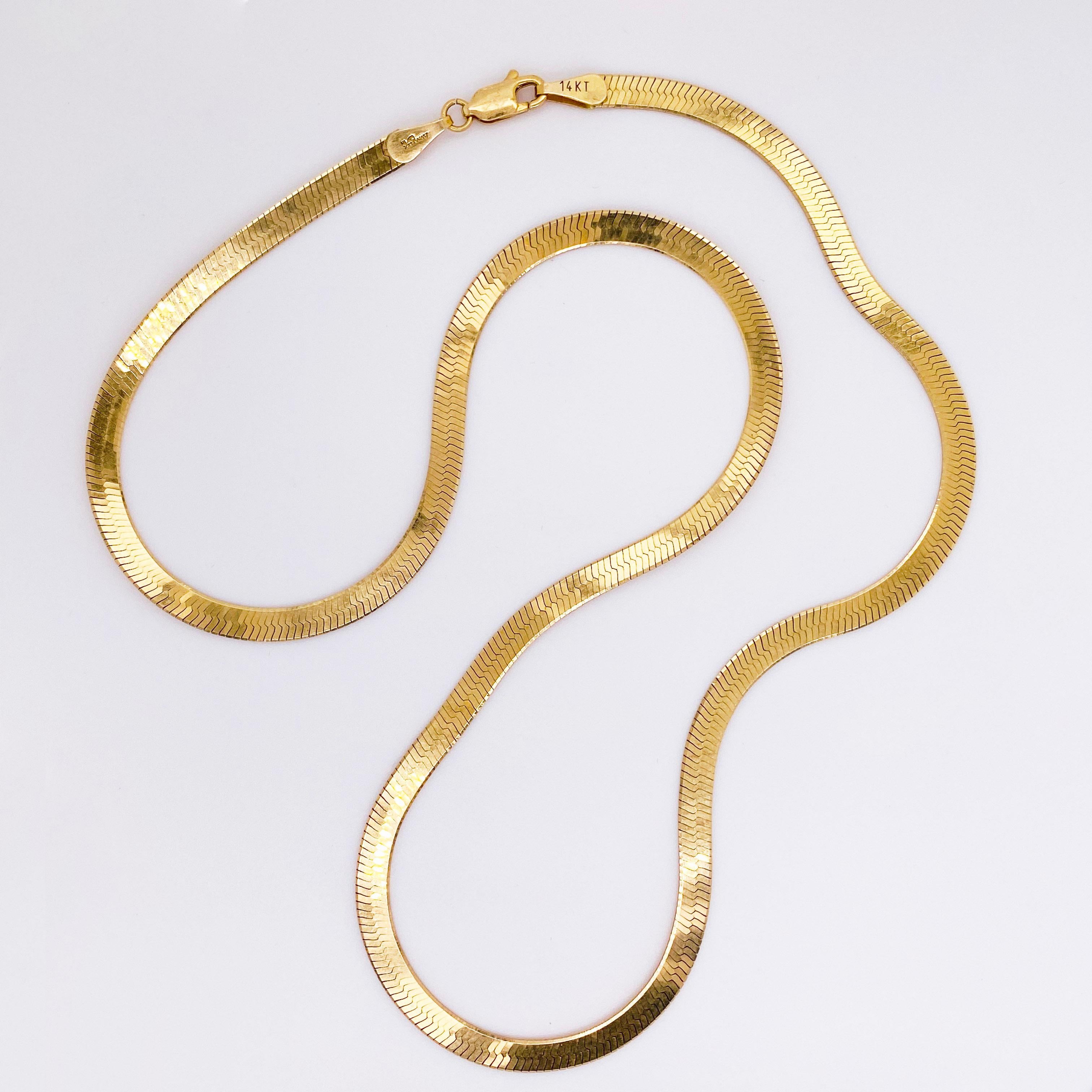 The herringbone chain, or flat gold chain style, which dates back to ancient Egyptian times, is a sophisticated design. It gets its name from the herringbone fish, a fish  known for their many parallel and slanted bones and this herringbone chain is