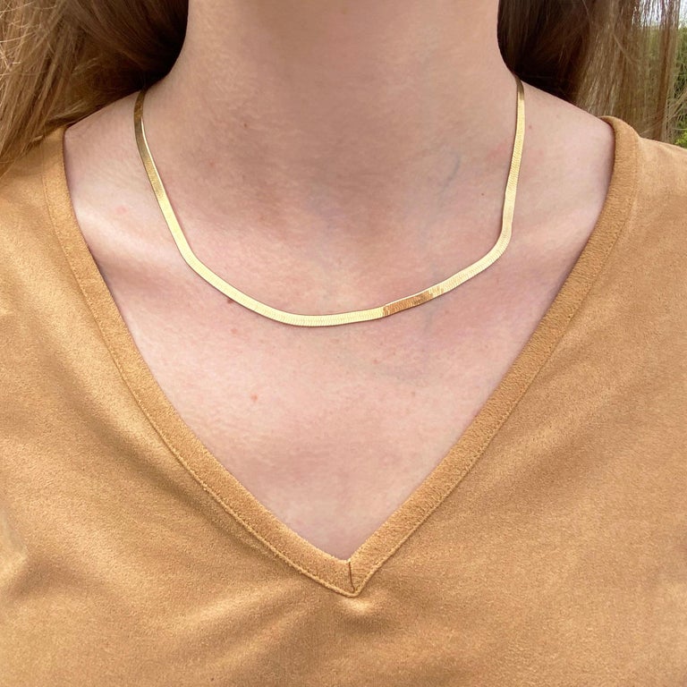 Italian Herringbone Chain in 14 Karat Yellow Gold, Flat Wide Chain, 14