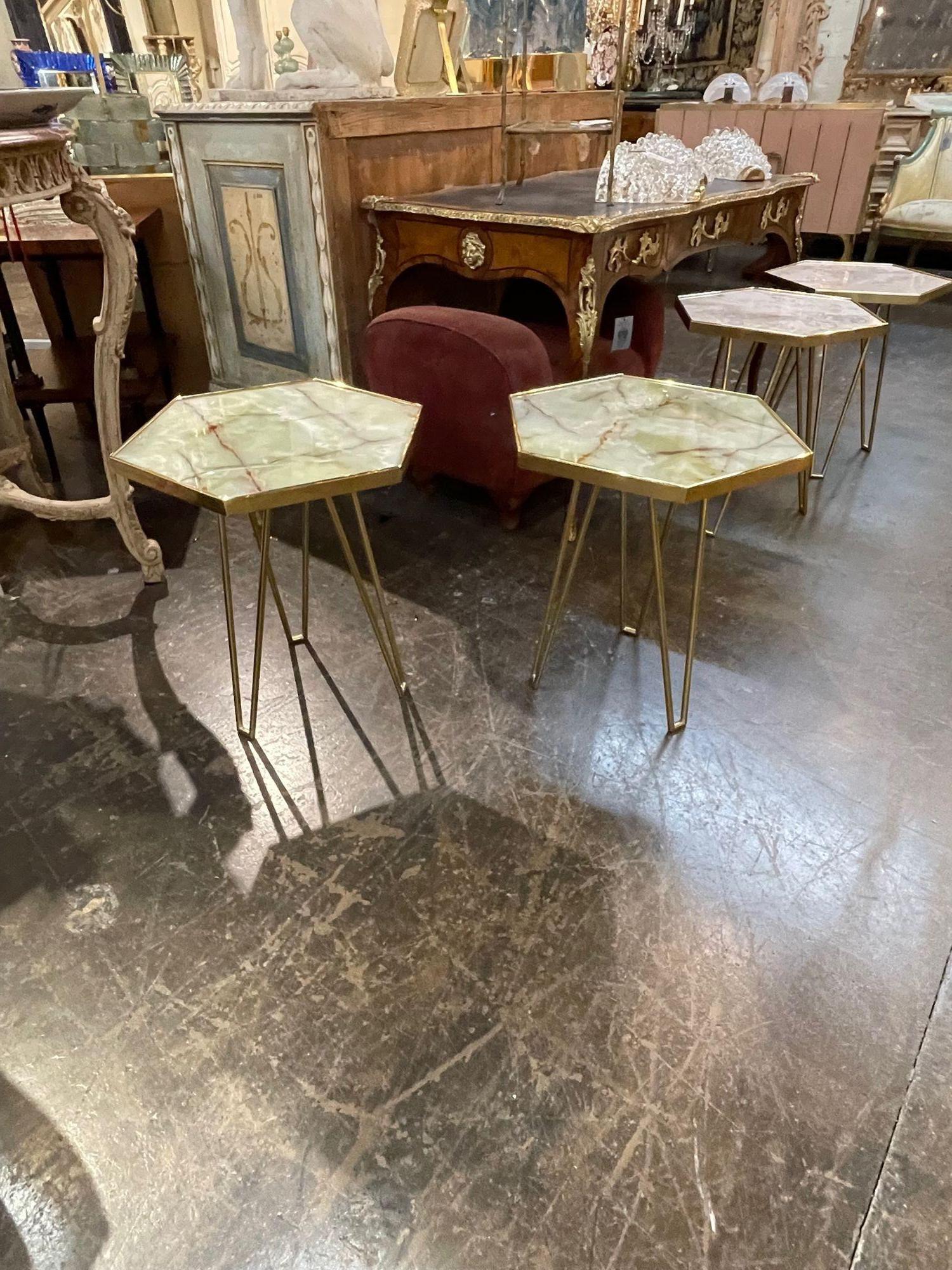 Modern Italian hex form table in polished brass and green onyx top. Circa 2000. Perfect for today's transitional designs!