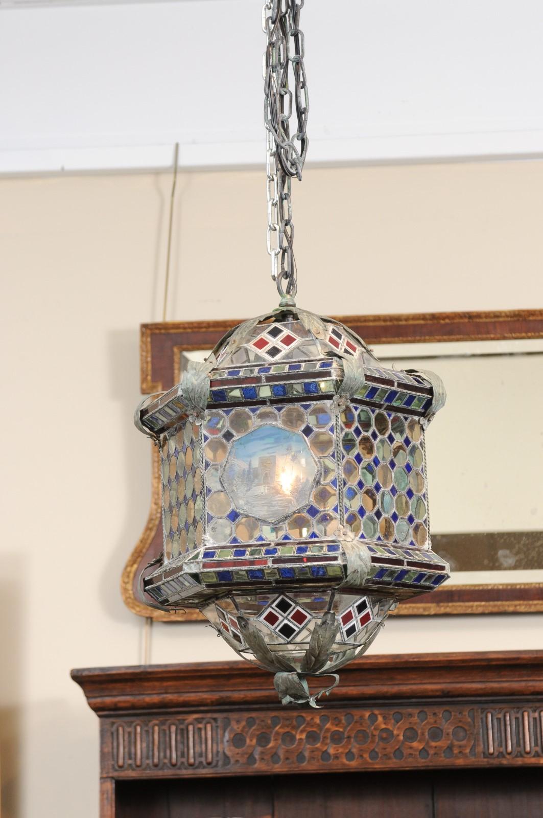 Italian Hexagon Form Stained Glass Metal Lantern in Blue & Red Hues, 19th Century