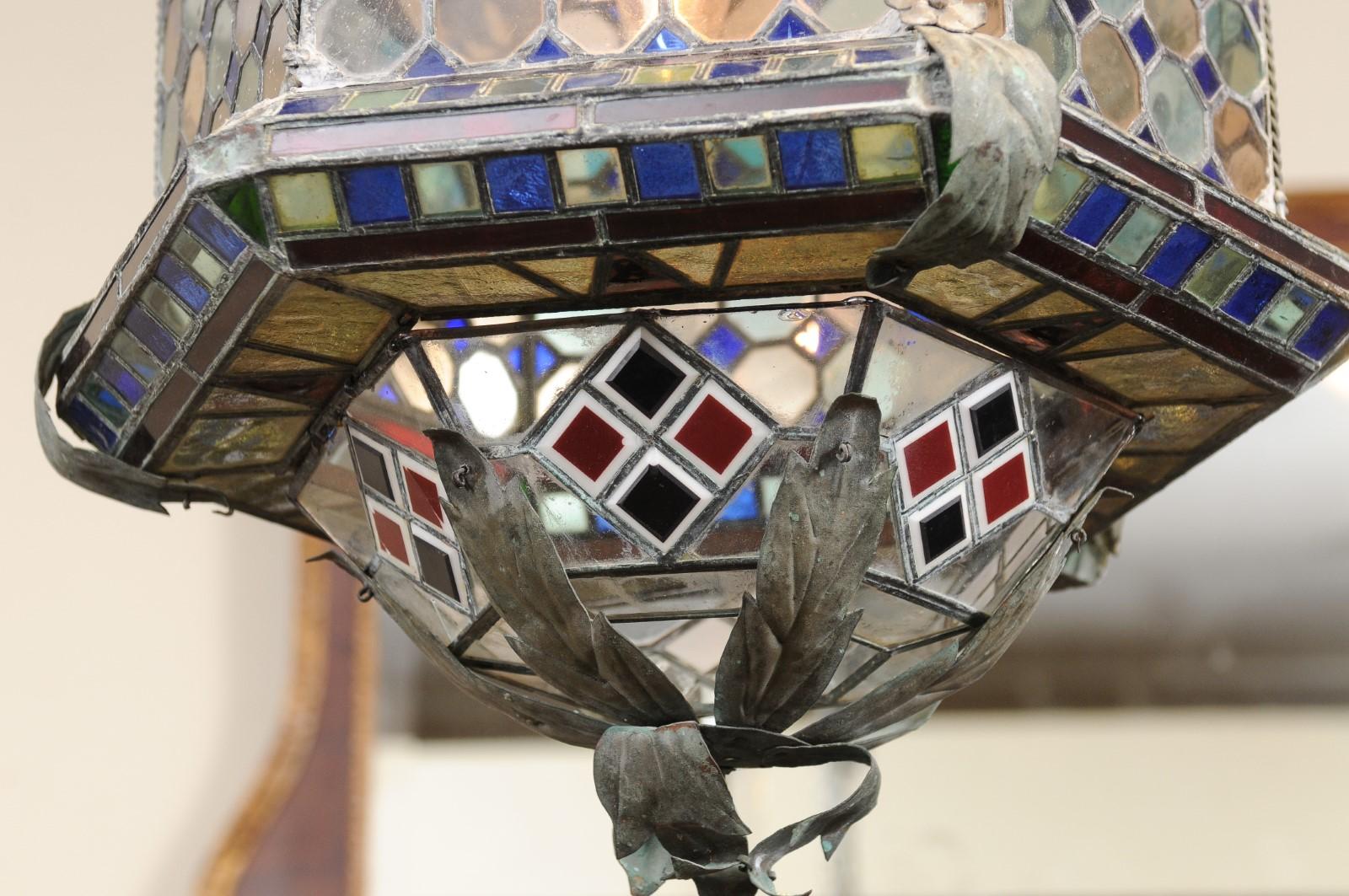 Italian Hexagon Form Stained Glass Metal Lantern in Blue & Red Hues In Fair Condition For Sale In Atlanta, GA