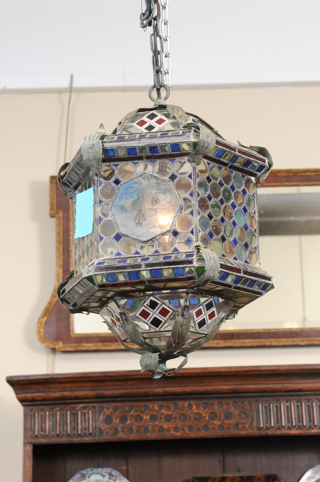 Italian Hexagon Form Stained Glass Metal Lantern in Blue & Red Hues For Sale 1