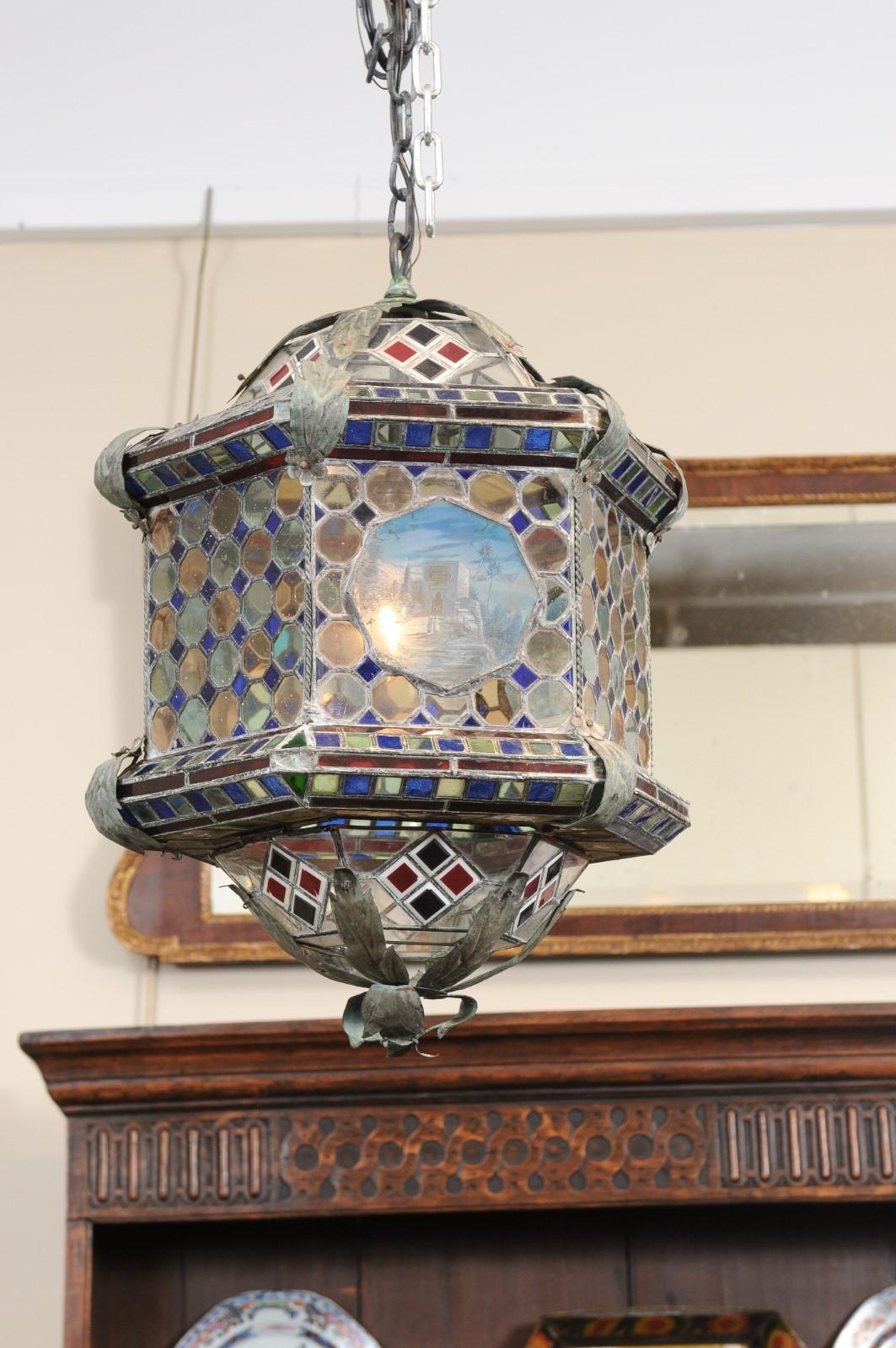 Italian Hexagon Form Stained Glass Metal Lantern in Blue & Red Hues For Sale 2