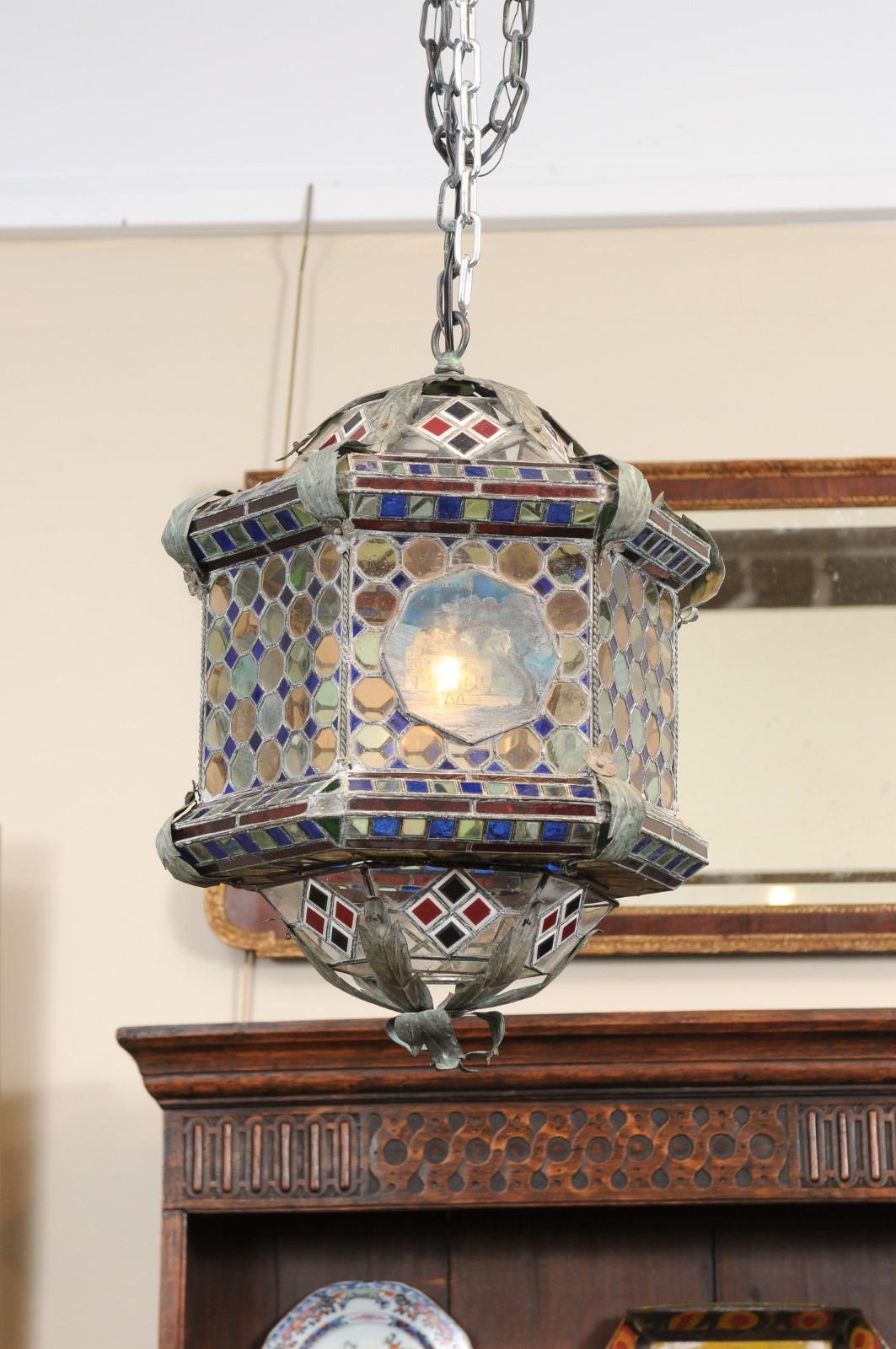 Italian Hexagon Form Stained Glass Metal Lantern in Blue & Red Hues For Sale 4