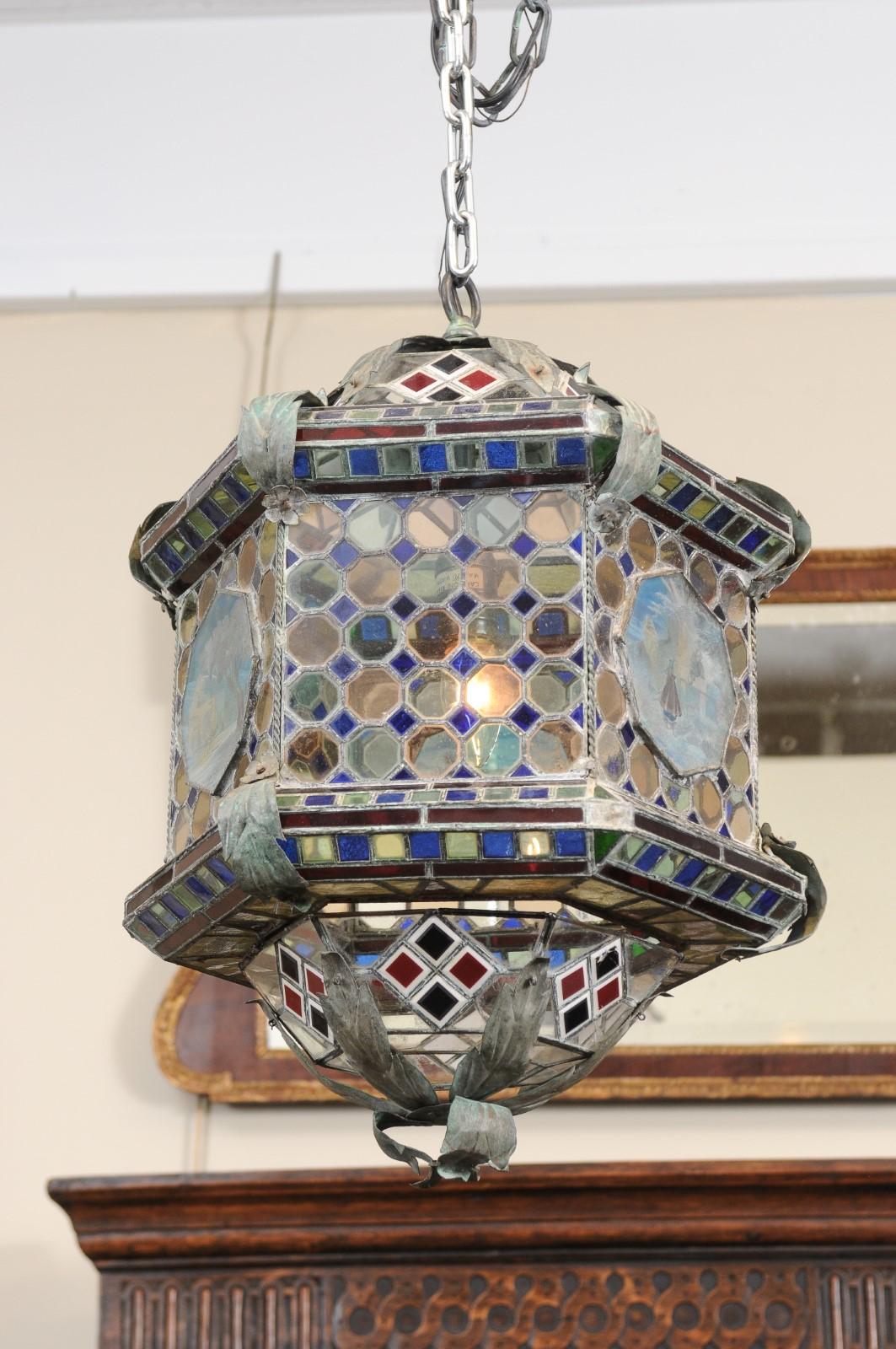 Italian Hexagon Form Stained Glass Metal Lantern in Blue & Red Hues For Sale 5