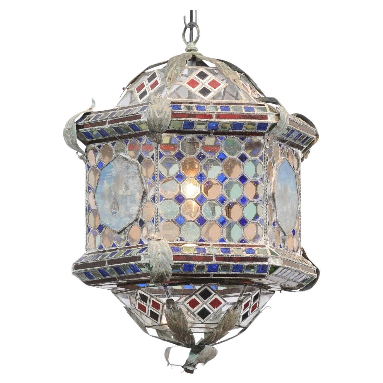 Italian Hexagon Form Stained Glass Metal Lantern in Blue & Red Hues For Sale