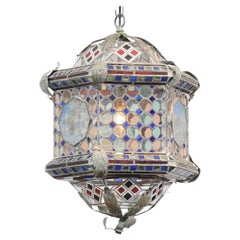 Italian Hexagon Form Stained Glass Metal Lantern in Blue & Red Hues
