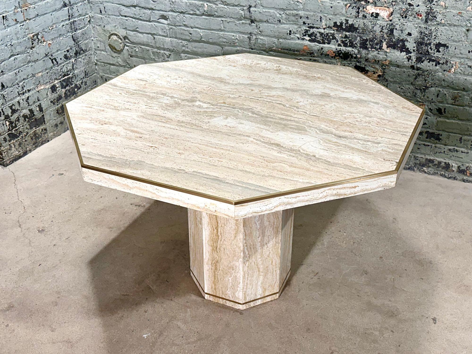 Italian Hexagon Travertine/Brass Dining/Center Table, Italy 1970 In Good Condition For Sale In Chicago, IL