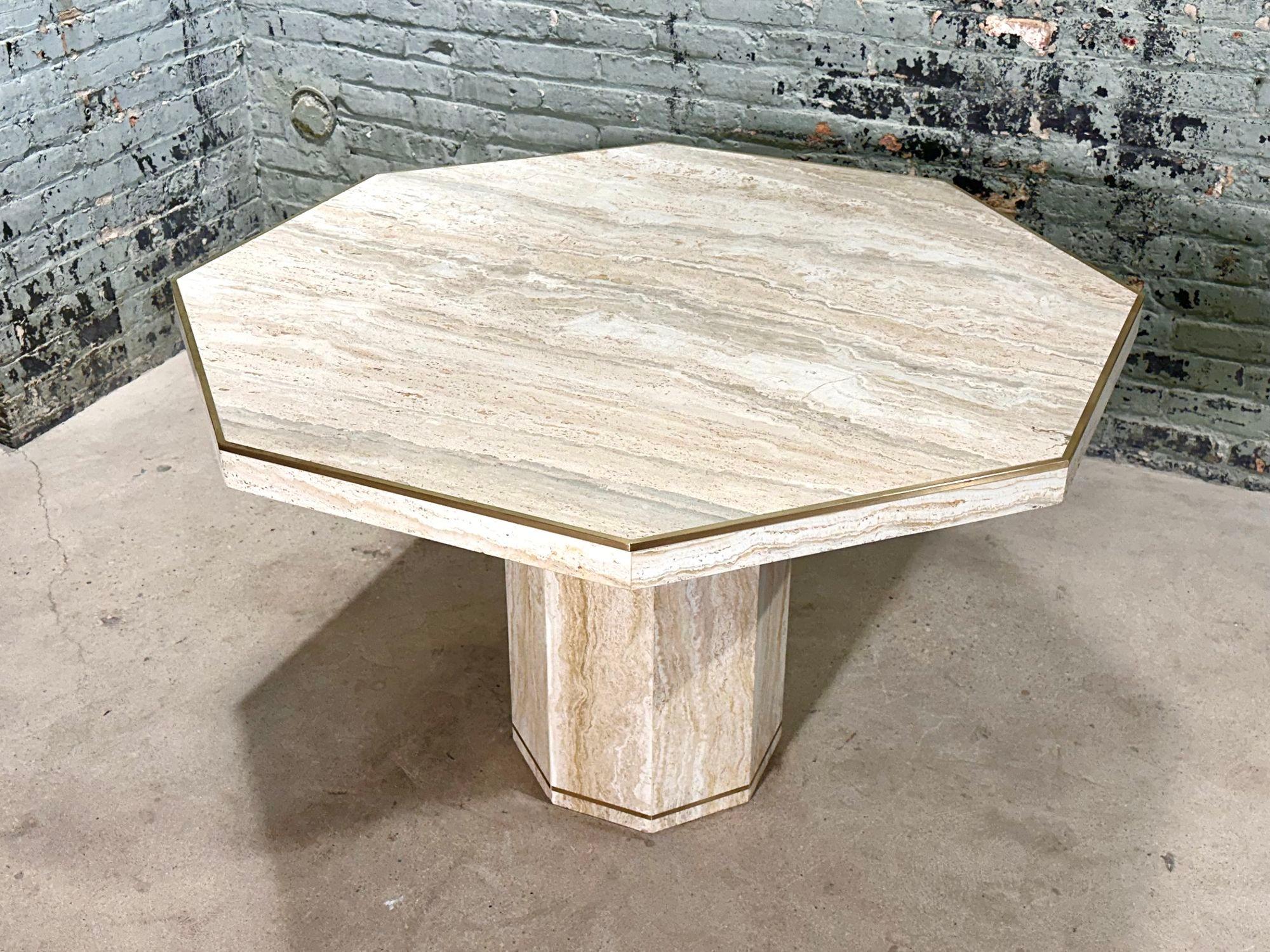 Italian Hexagon Travertine/Brass Dining/Center Table, Italy 1970 In Good Condition In Chicago, IL