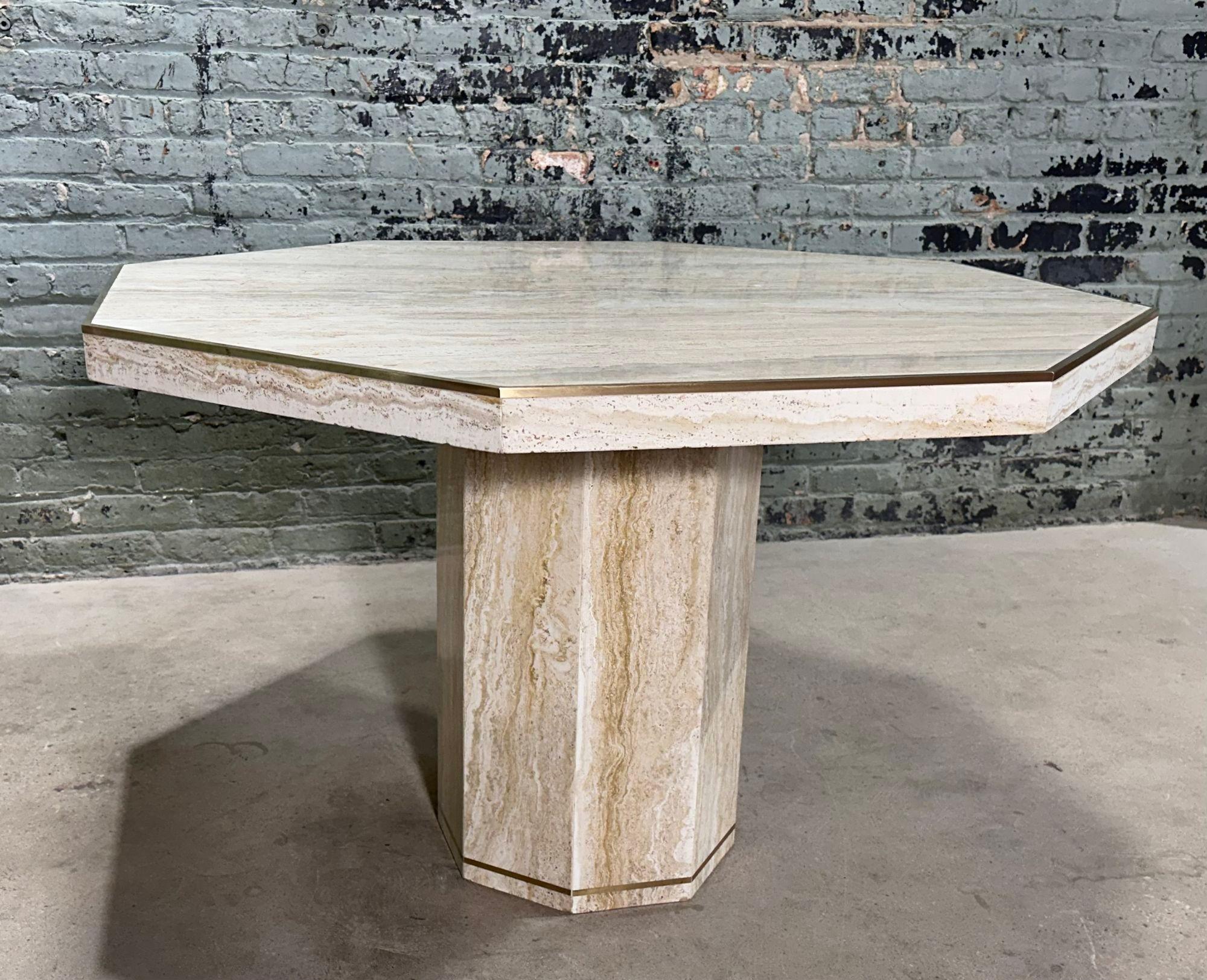 Late 20th Century Italian Hexagon Travertine/Brass Dining/Center Table, Italy 1970