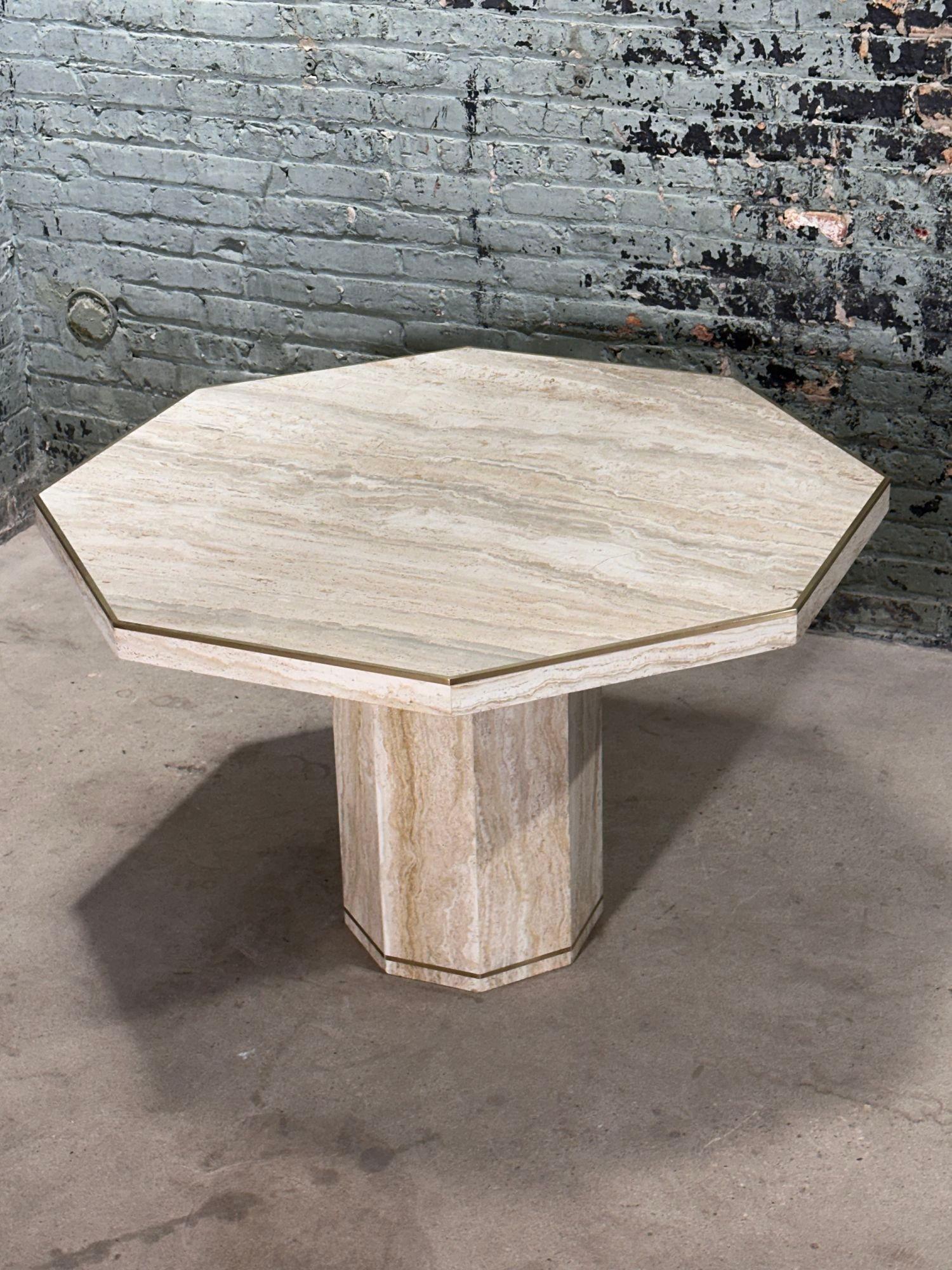 Italian Hexagon Travertine/Brass Dining/Center Table, Italy 1970 For Sale 1