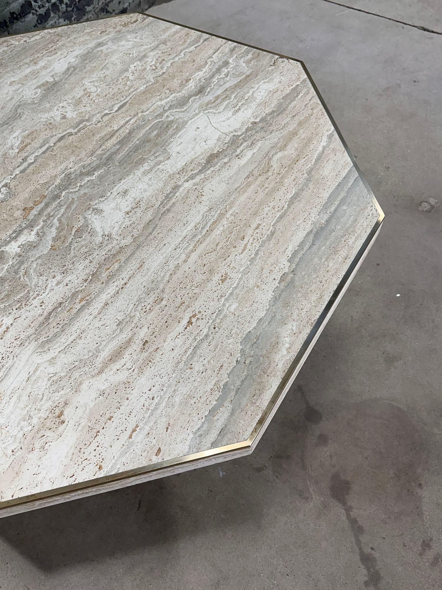 Italian Hexagon Travertine/Brass Dining/Center Table, Italy 1970 2