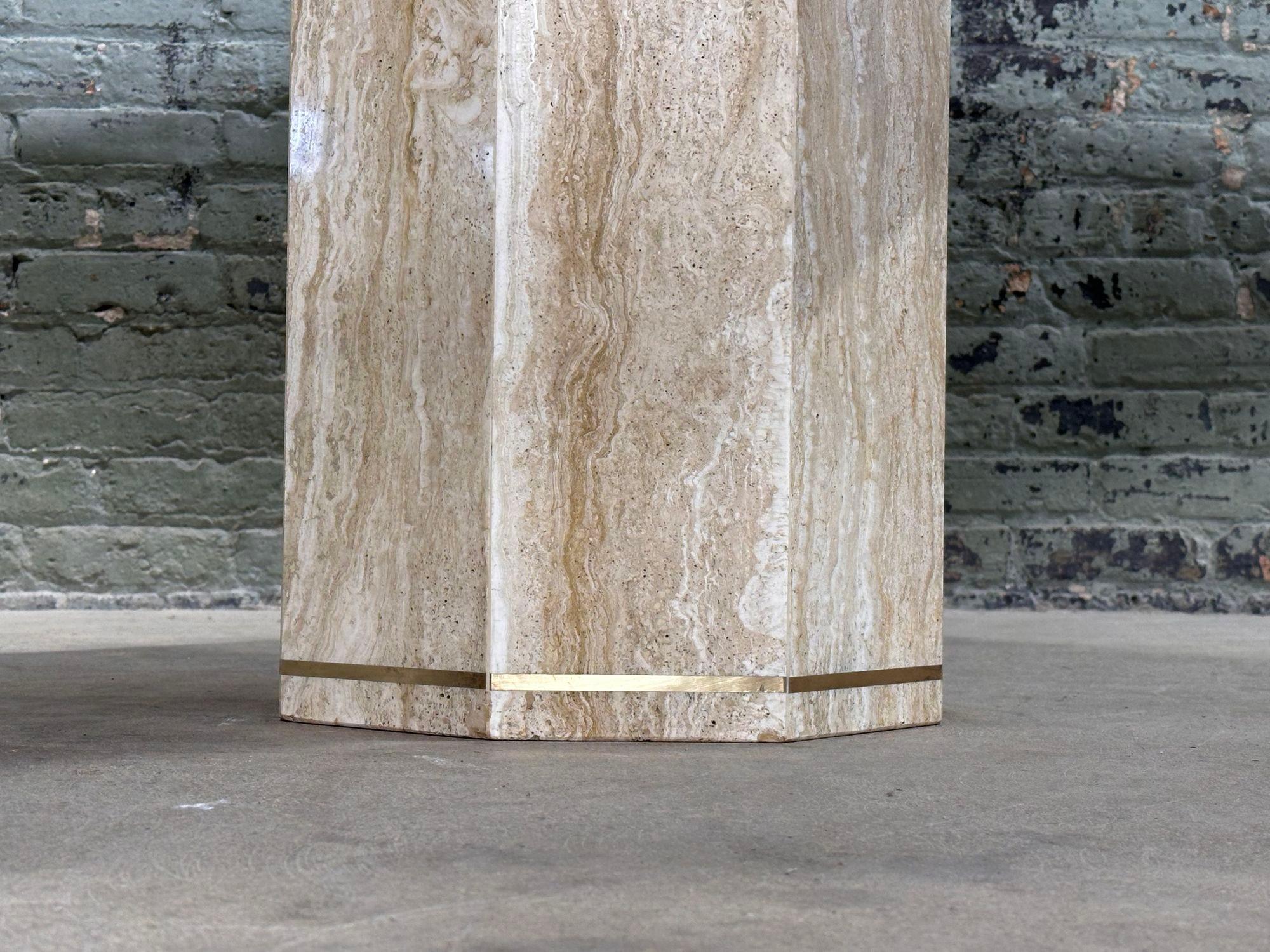 Italian Hexagon Travertine/Brass Dining/Center Table, Italy 1970 4