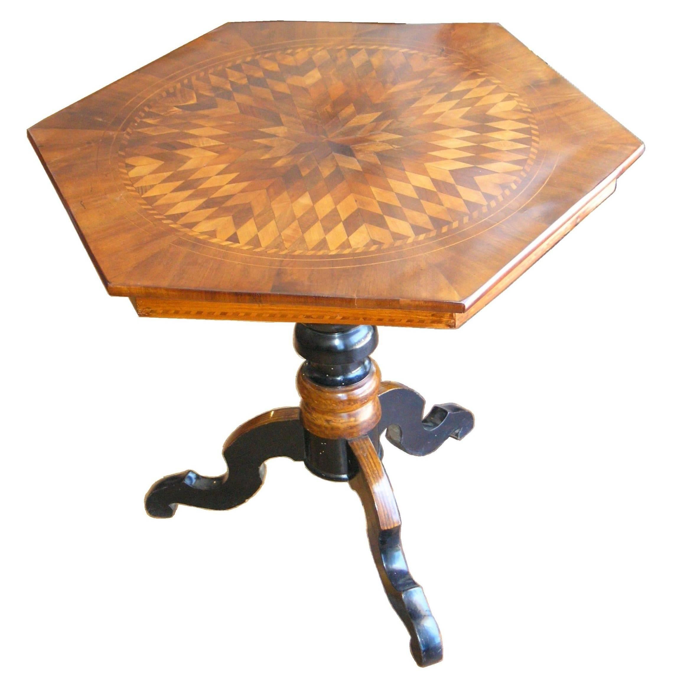 Italian Hexagonal Marquetry Table For Sale
