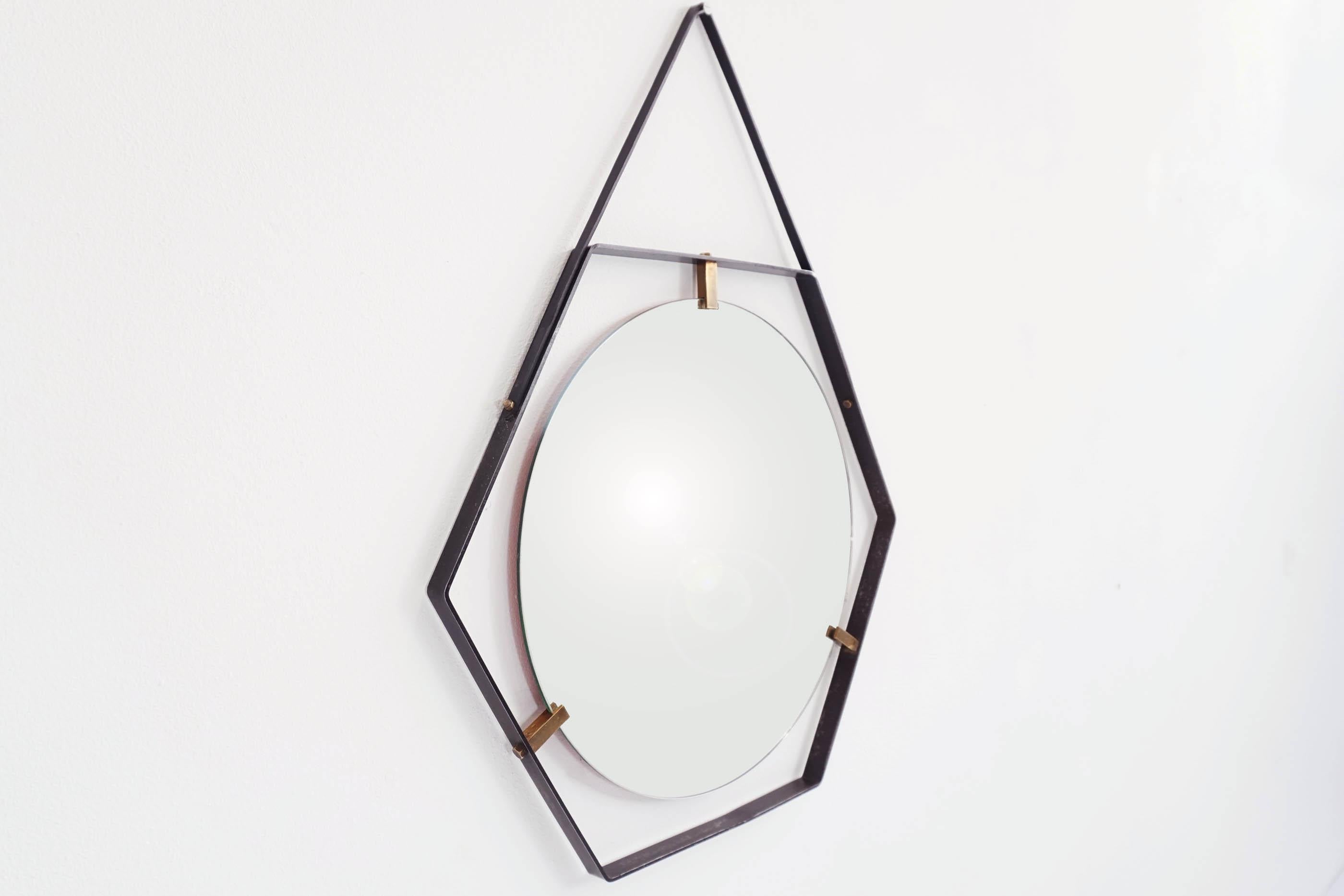 Mid-Century Modern Italian Hexagonal Mirror by Sant'Ambrogio & de Berti in Metal, Brass & Leather