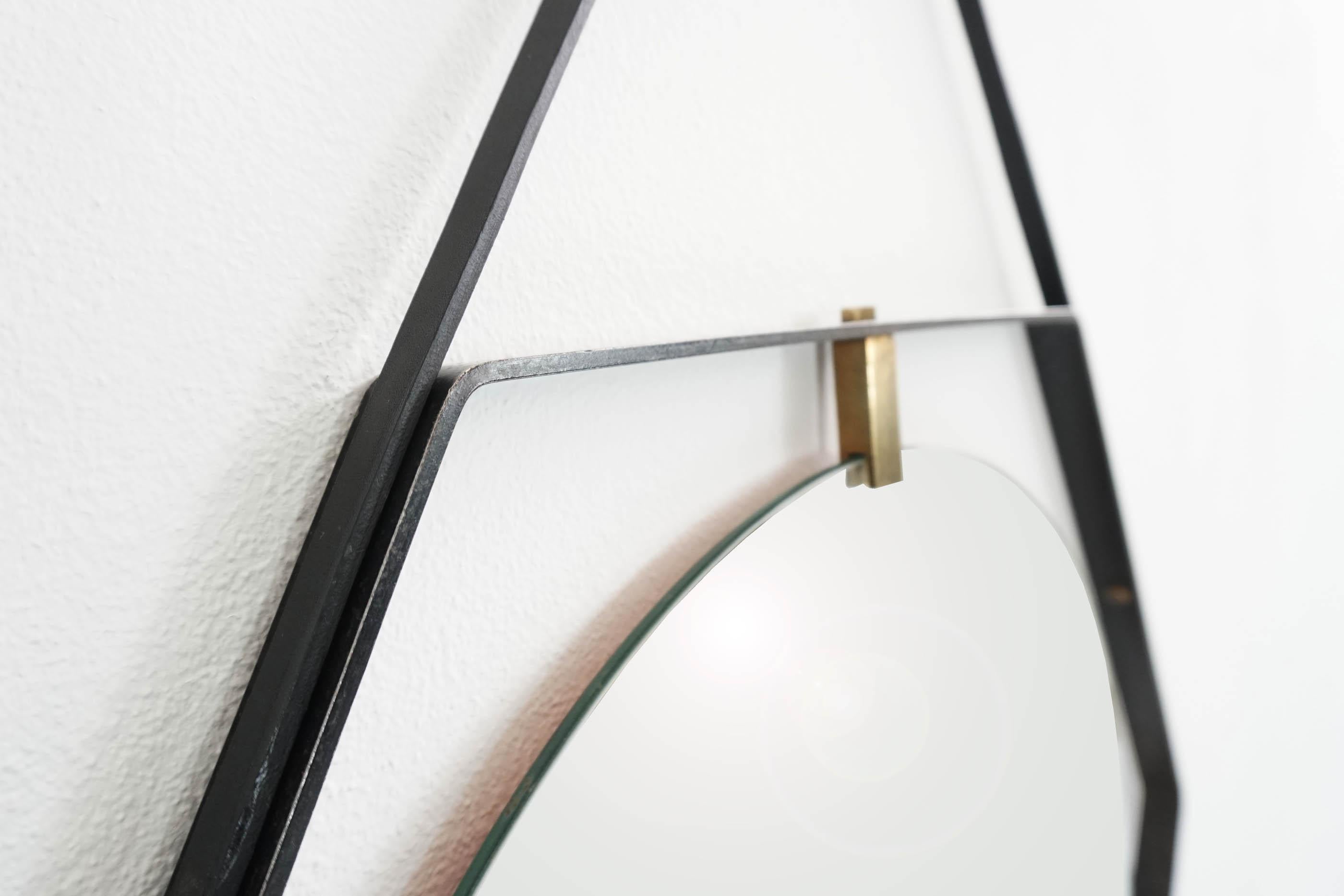 Lacquered Italian Hexagonal Mirror by Sant'Ambrogio & de Berti in Metal, Brass & Leather