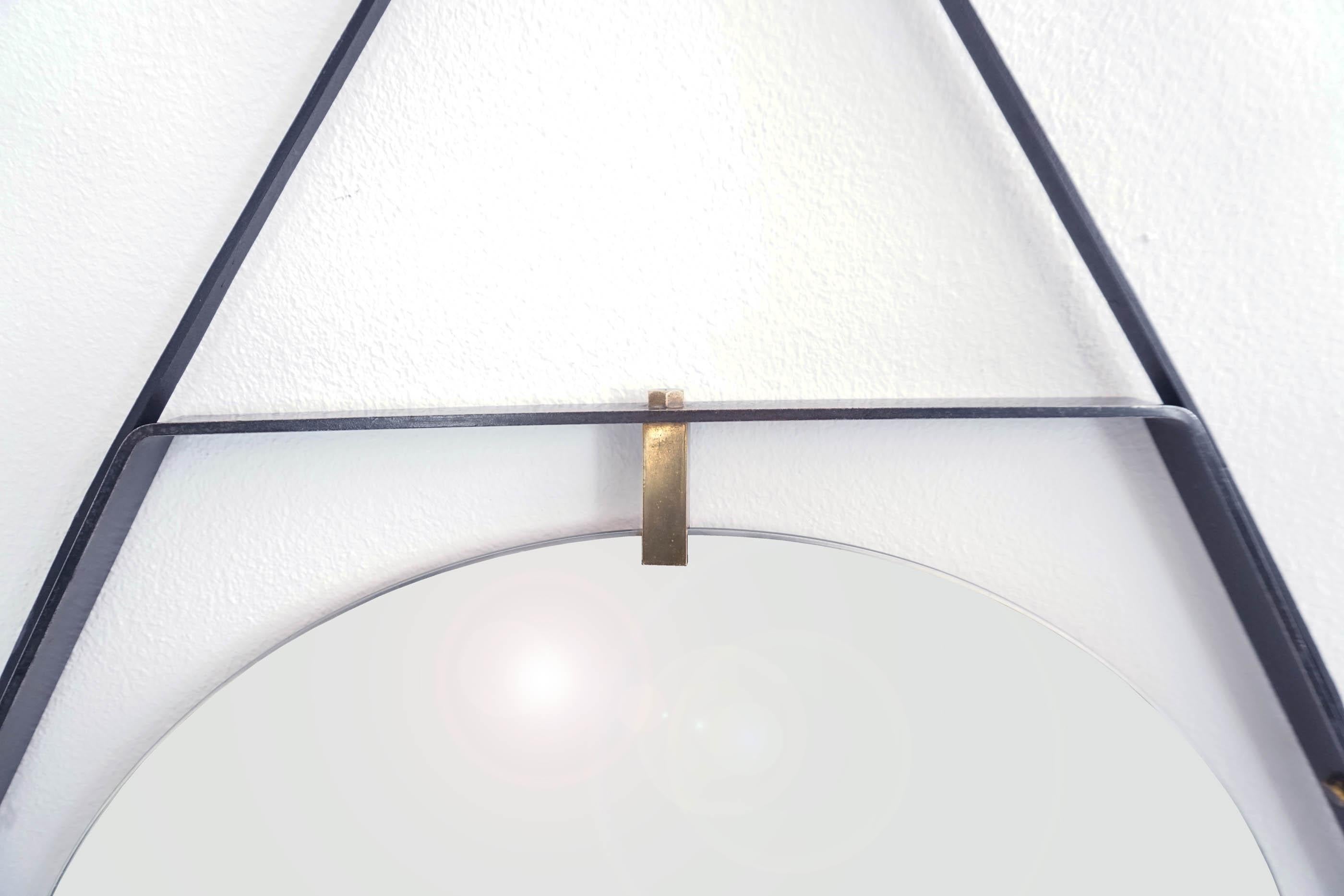 Italian Hexagonal Mirror by Sant'Ambrogio & de Berti in Metal, Brass & Leather In Good Condition In Morbio Inferiore, CH
