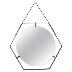 Italian Hexagonal Mirror by Sant'Ambrogio & de Berti in Metal, Brass & Leather