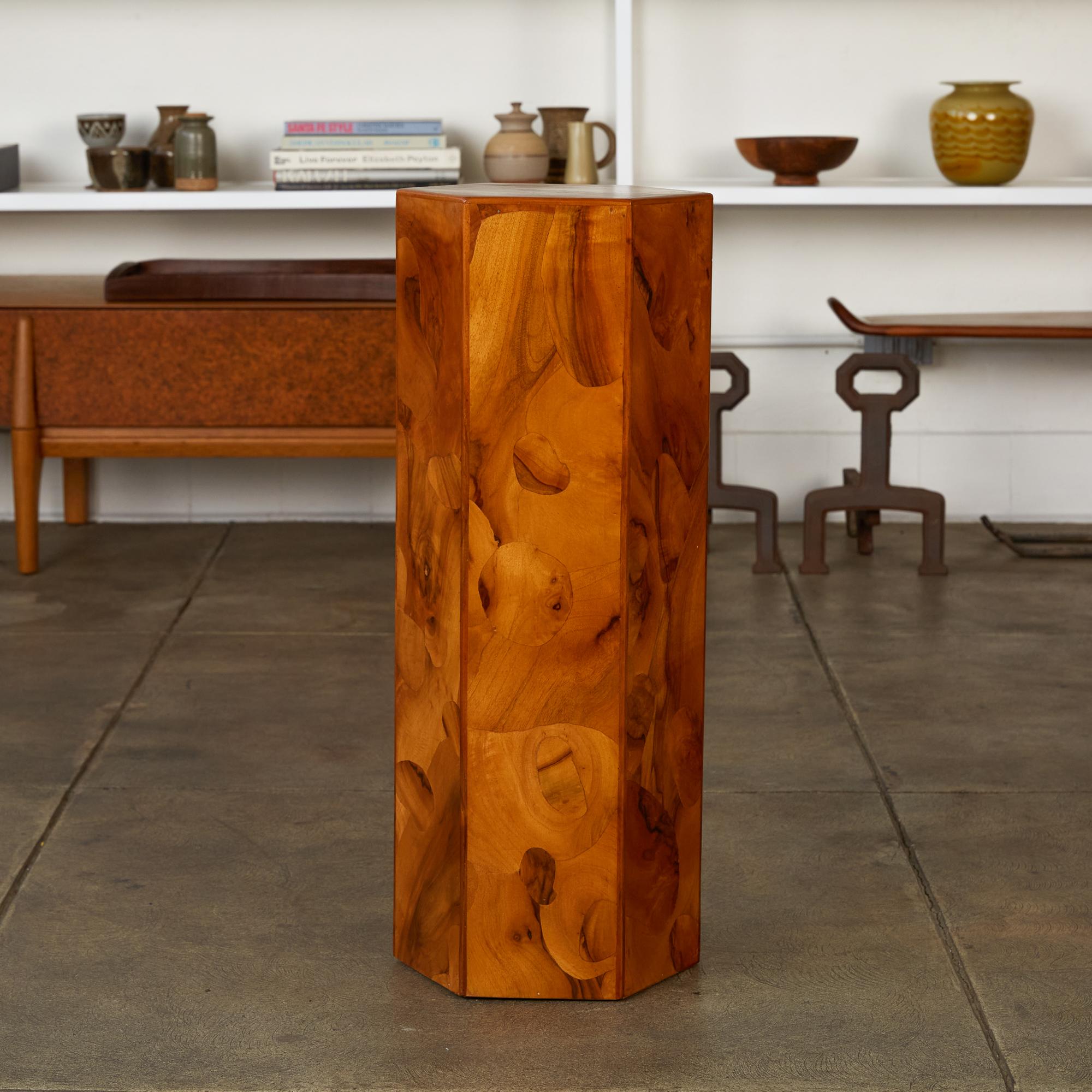 Italian Hexagonal Patchwork Burl Pedestal In Excellent Condition In Los Angeles, CA