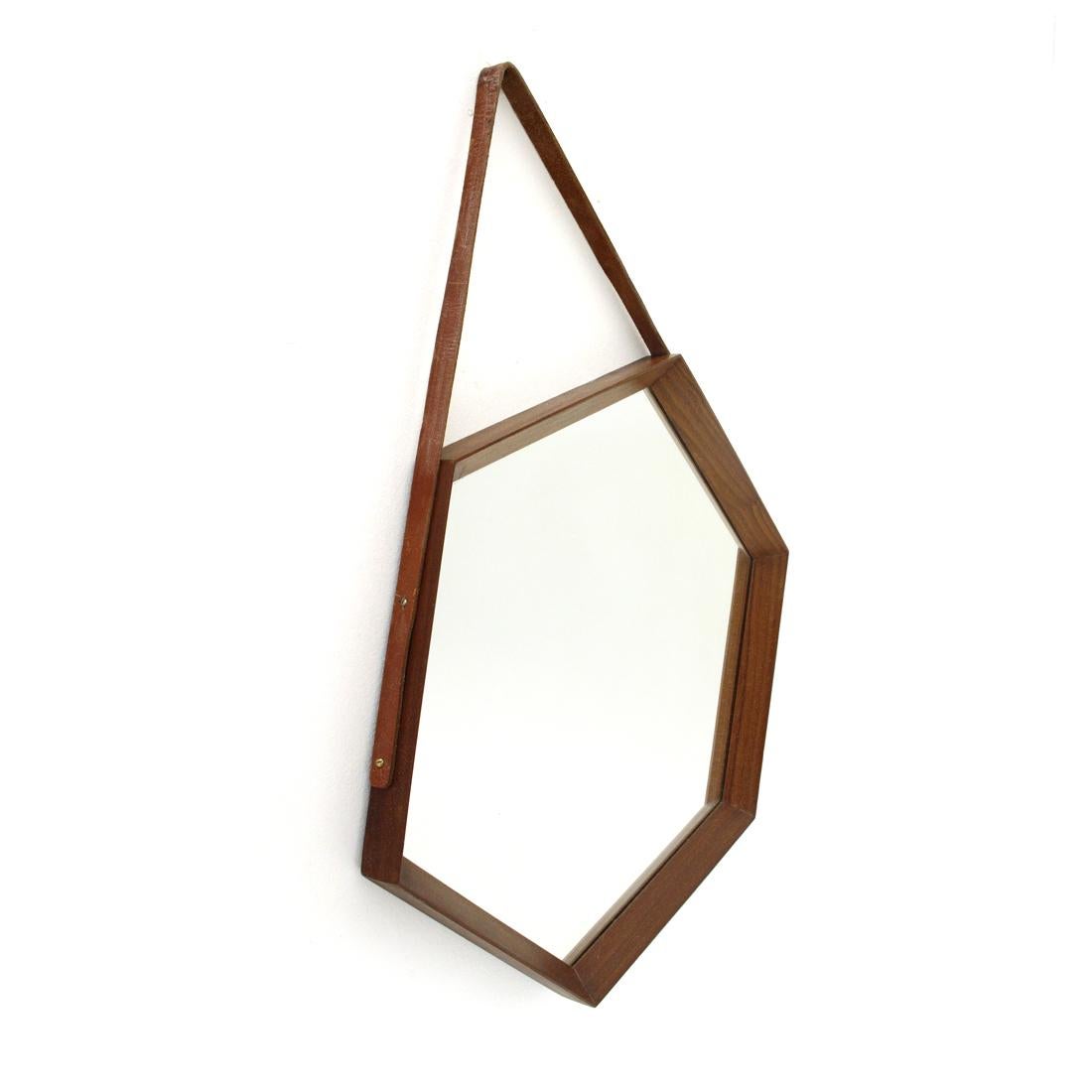 Mid-20th Century Italian Hexagonal Teak Frame Mirror, 1960s