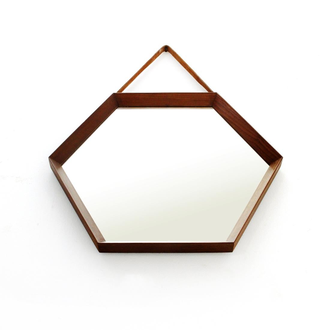 Leather Italian Hexagonal Teak Frame Mirror, 1960s