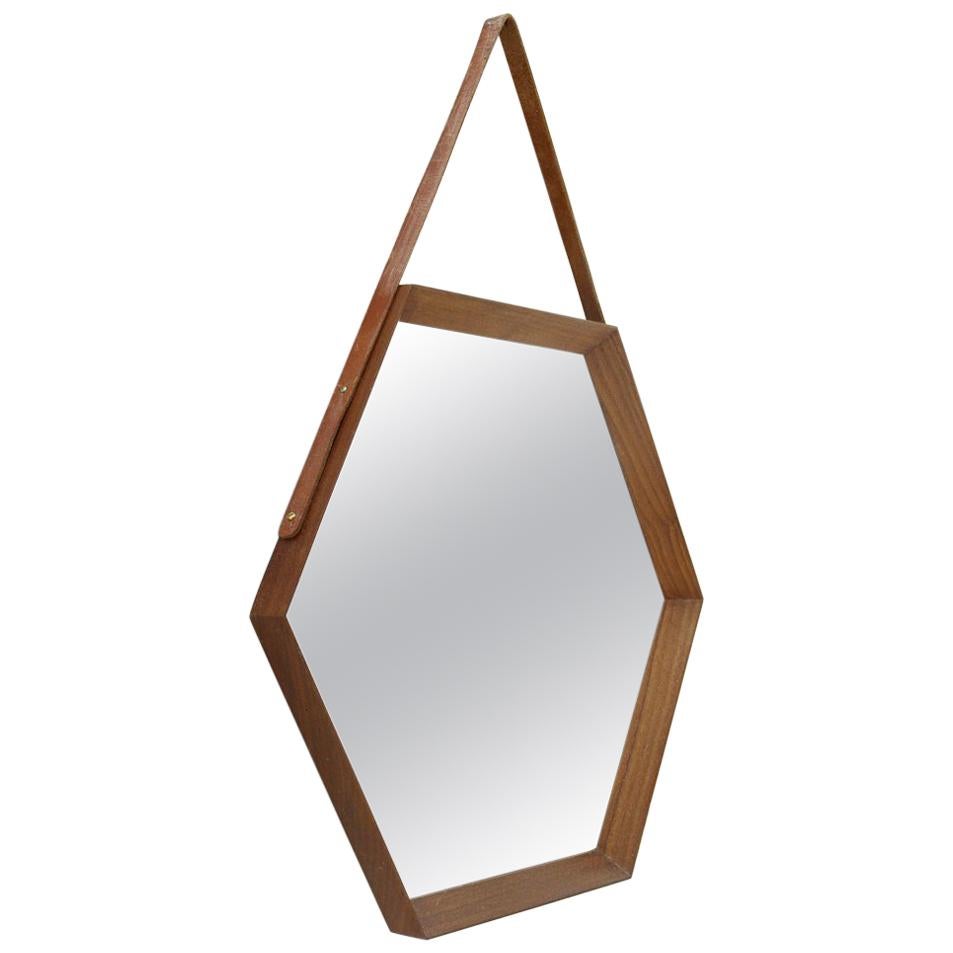 Italian Hexagonal Teak Frame Mirror, 1960s