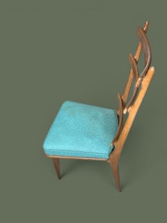Italian High-Back Dining Chair, Fruitwood and Turquoise Fabric, 1950s