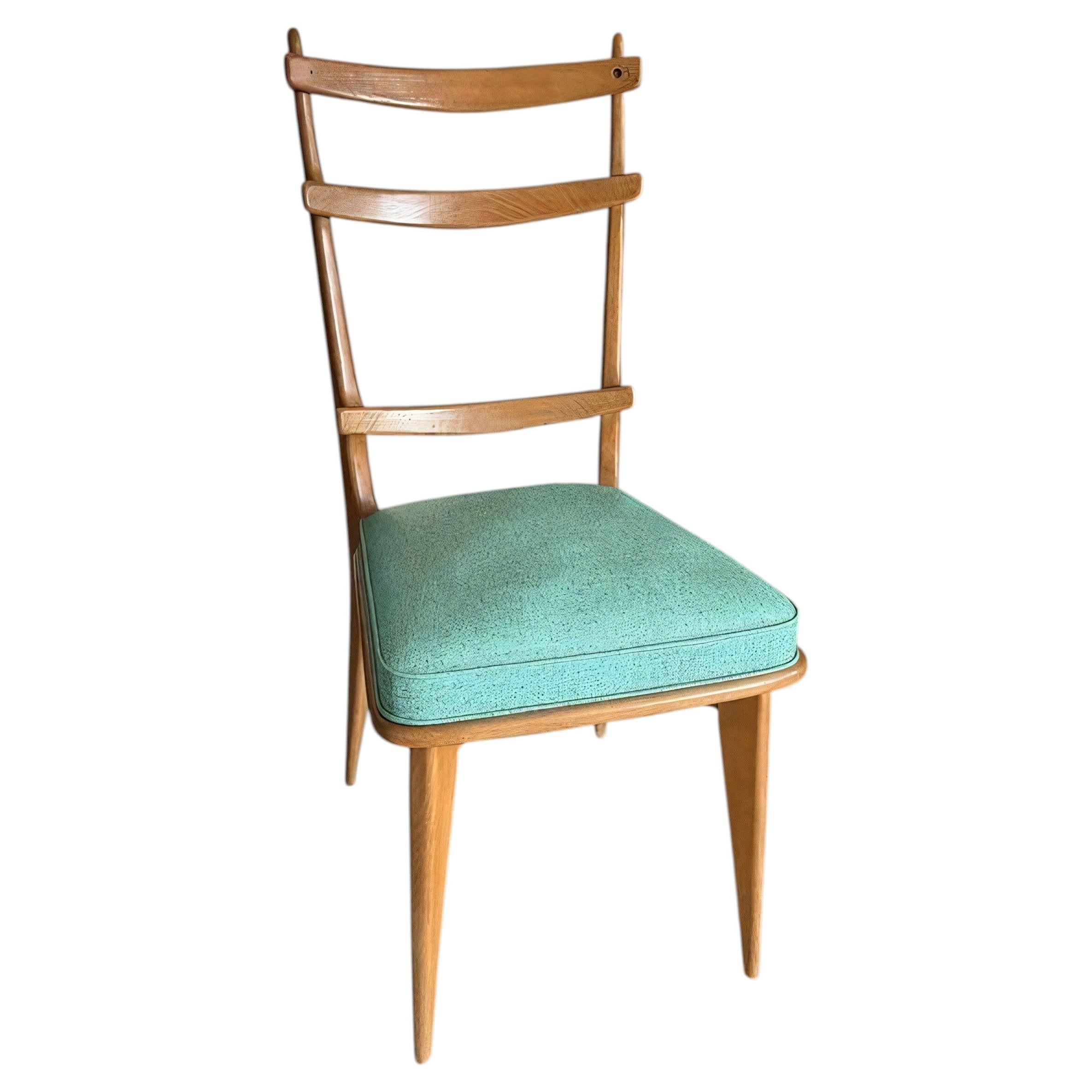 Italian High-Back Dining Chair, Fruitwood and Turquoise Fabric, 1950s