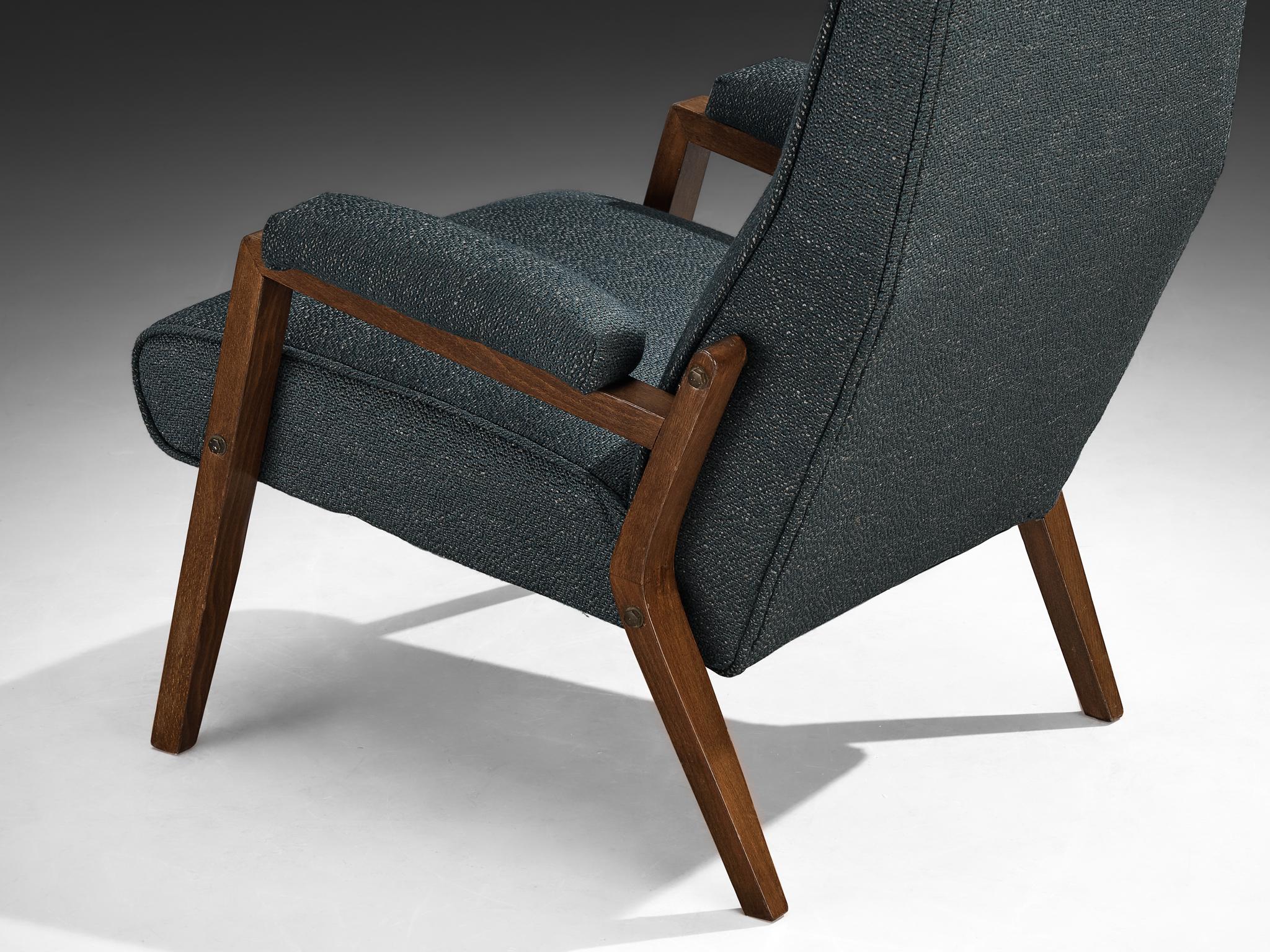 Italian High Back Lounge Chair in Blue Upholstery In Good Condition For Sale In Waalwijk, NL