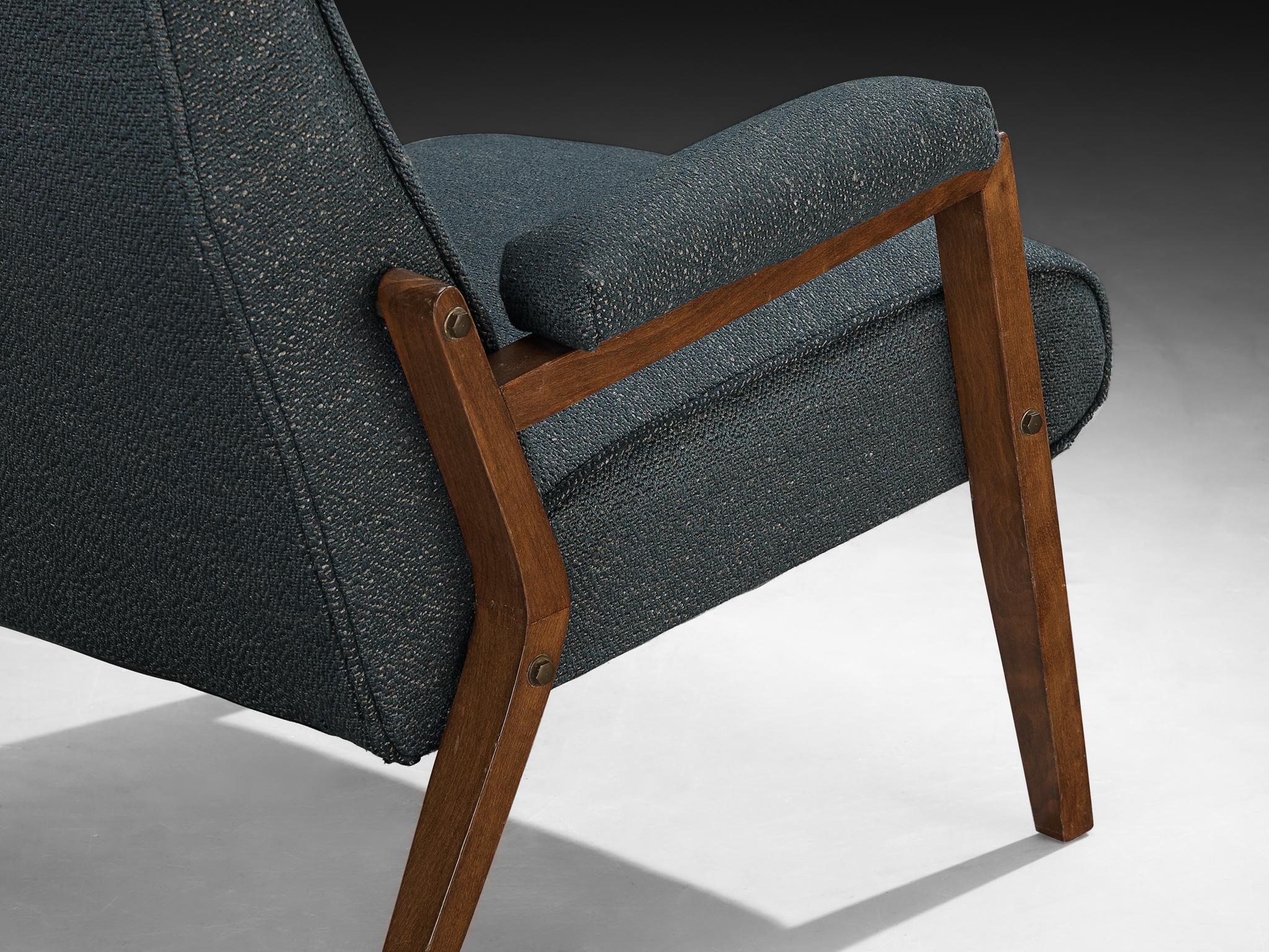 Mid-20th Century Italian High Back Lounge Chair in Blue Upholstery For Sale