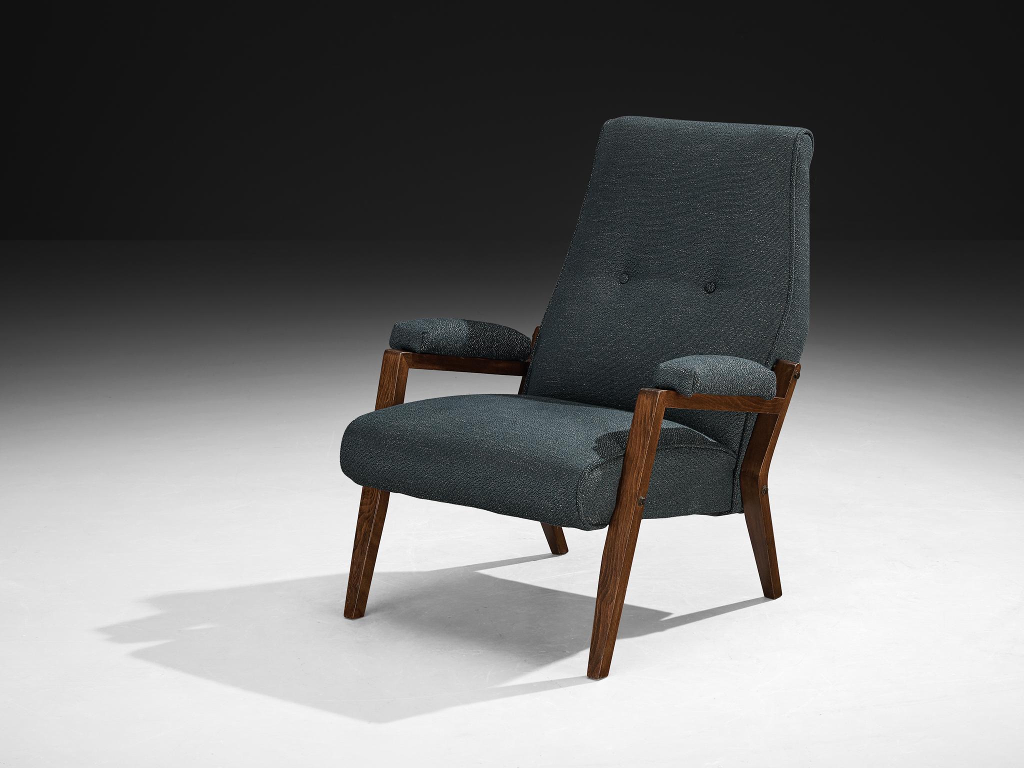Metal Italian High Back Lounge Chair in Blue Upholstery For Sale