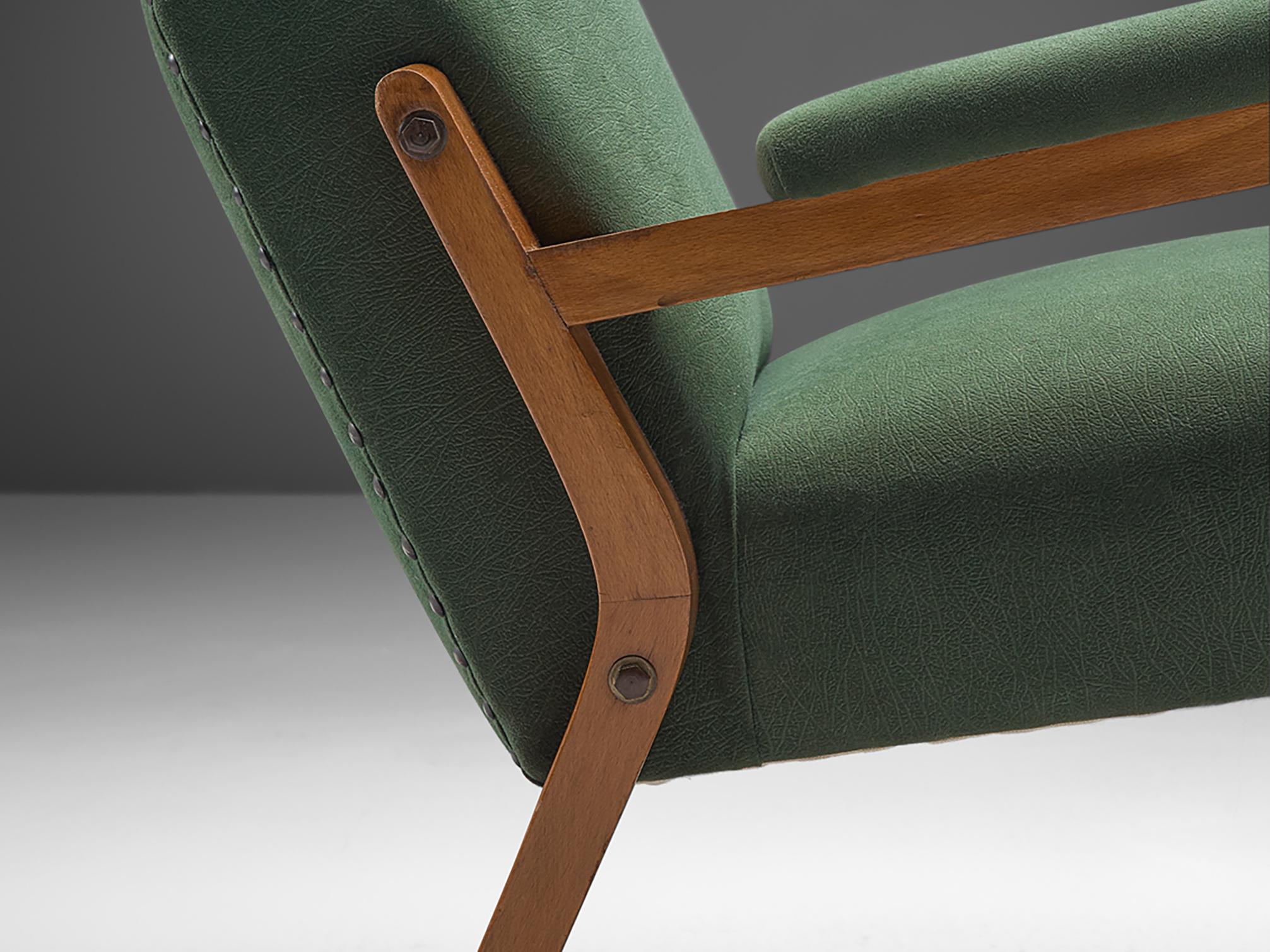 Mid-Century Modern Italian High Back Lounge Chair in Green Upholstery