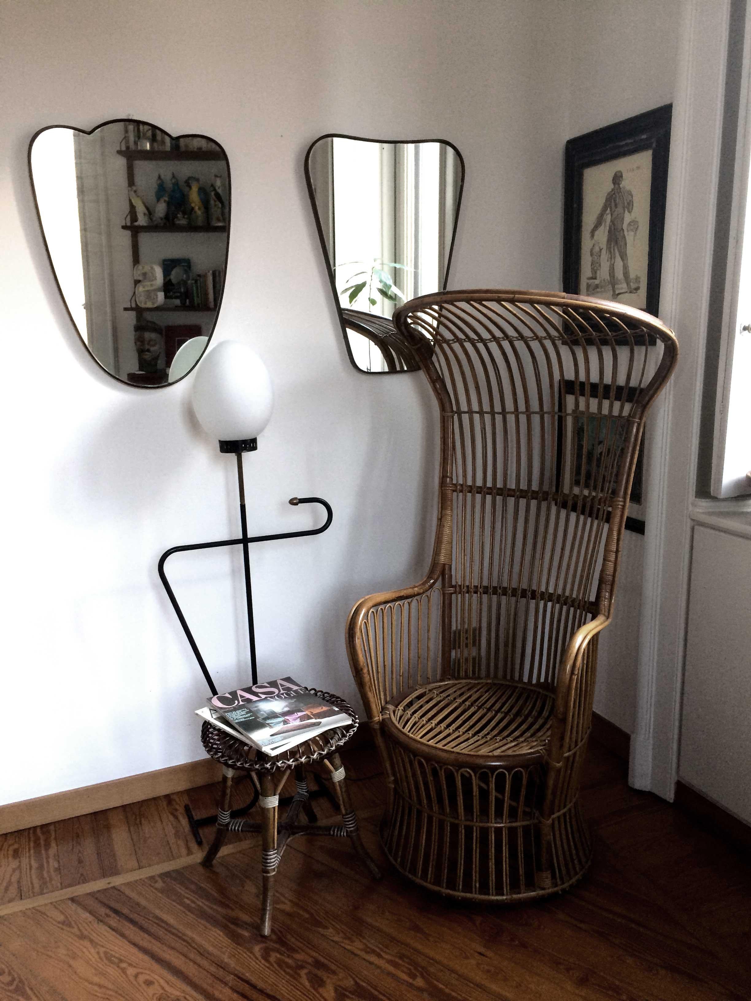 Mid-Century Modern Italian high back rattan woven armchair, Bonacina For Sale