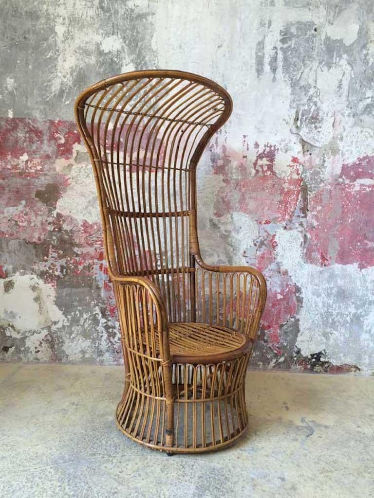 20th Century Italian high back rattan woven armchair, Bonacina For Sale