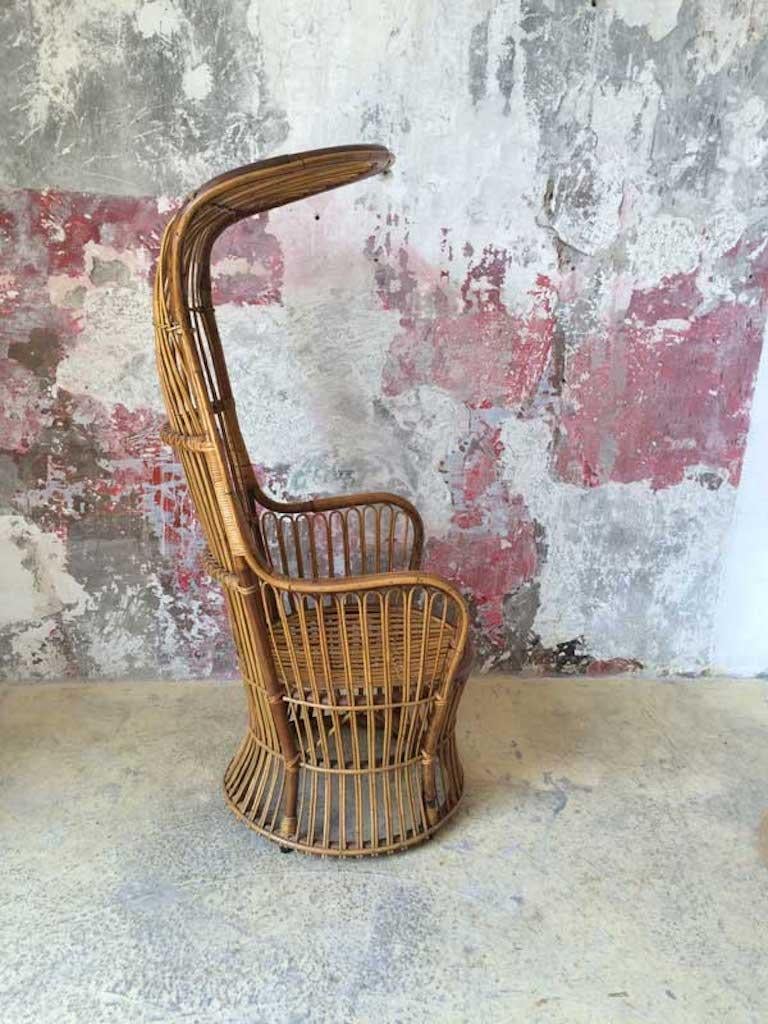 Italian high back rattan woven armchair, Bonacina For Sale 1