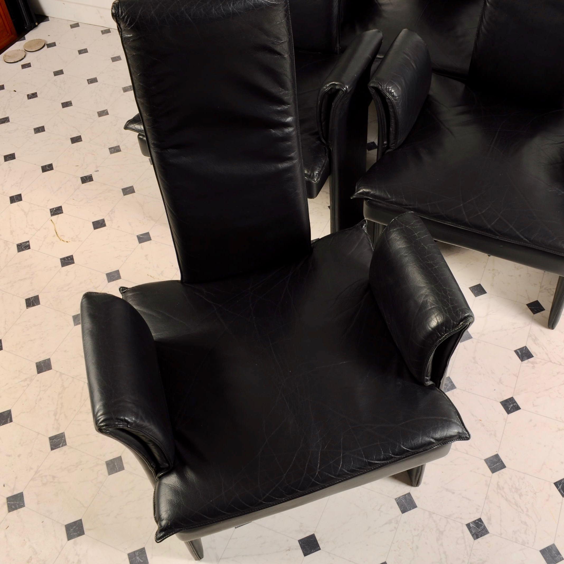 Clean survivors from the 1980s. In the style of Poltana Frau. These high backed dining chairs are great examples of Italian design. The leather is soft and shows minimal wear. Not likely to find another set like these easily.