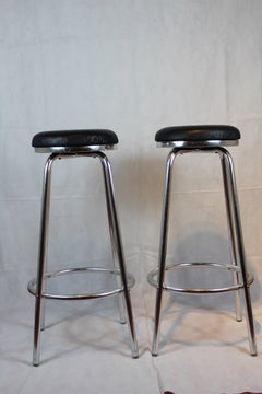 Italian High Stools, Aluminium Legs, Black Leather Seats