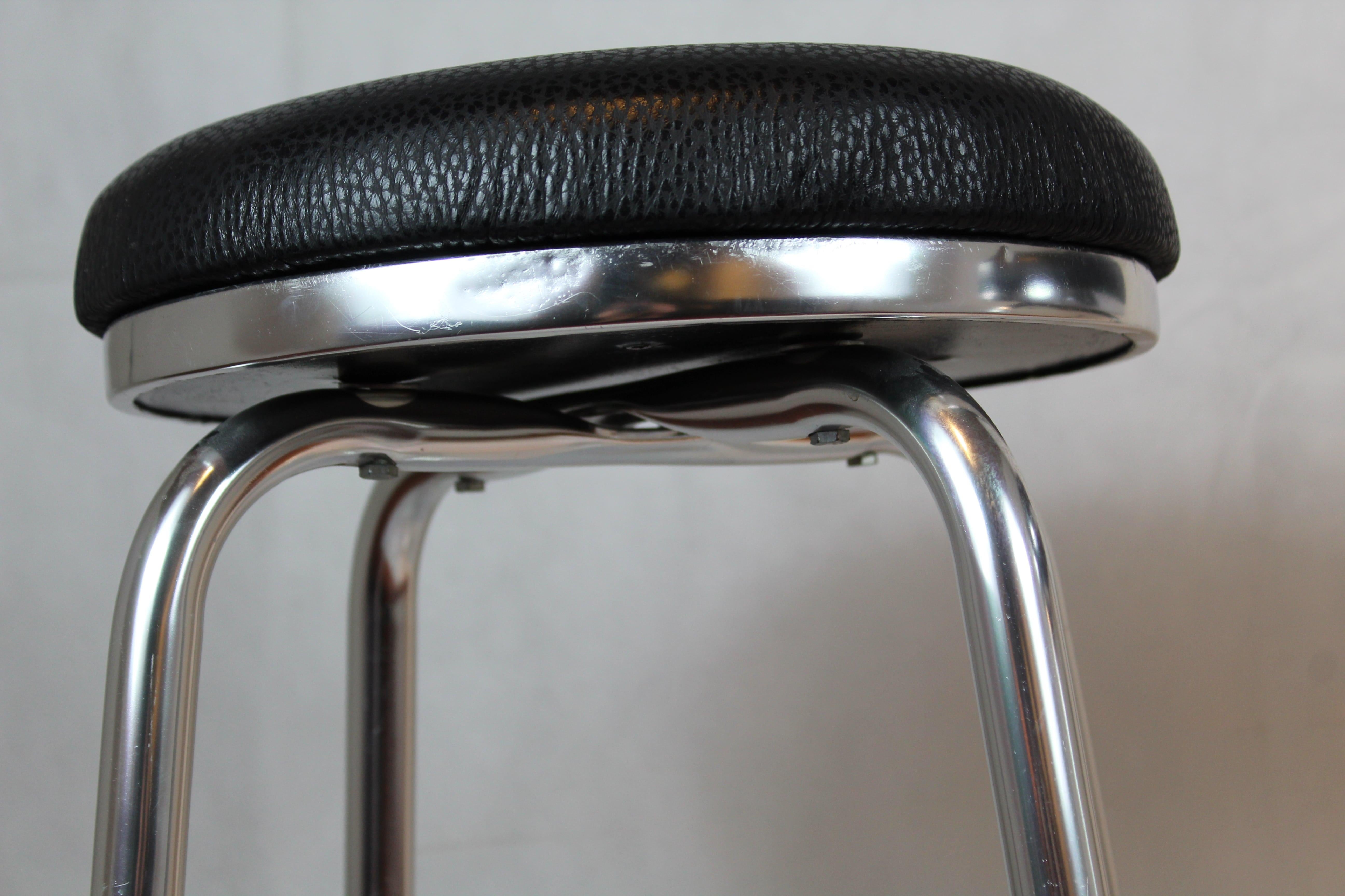Mid-20th Century Italian High Stools, Aluminium Legs, Black Leather Seats For Sale